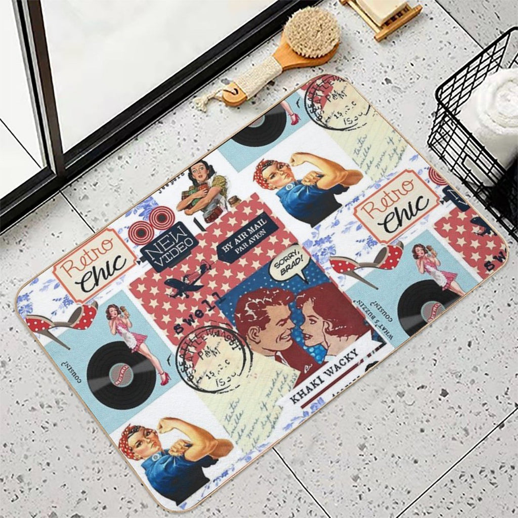 Retro Chic Red, White And Blue Collage  Absorbent Bath Mat