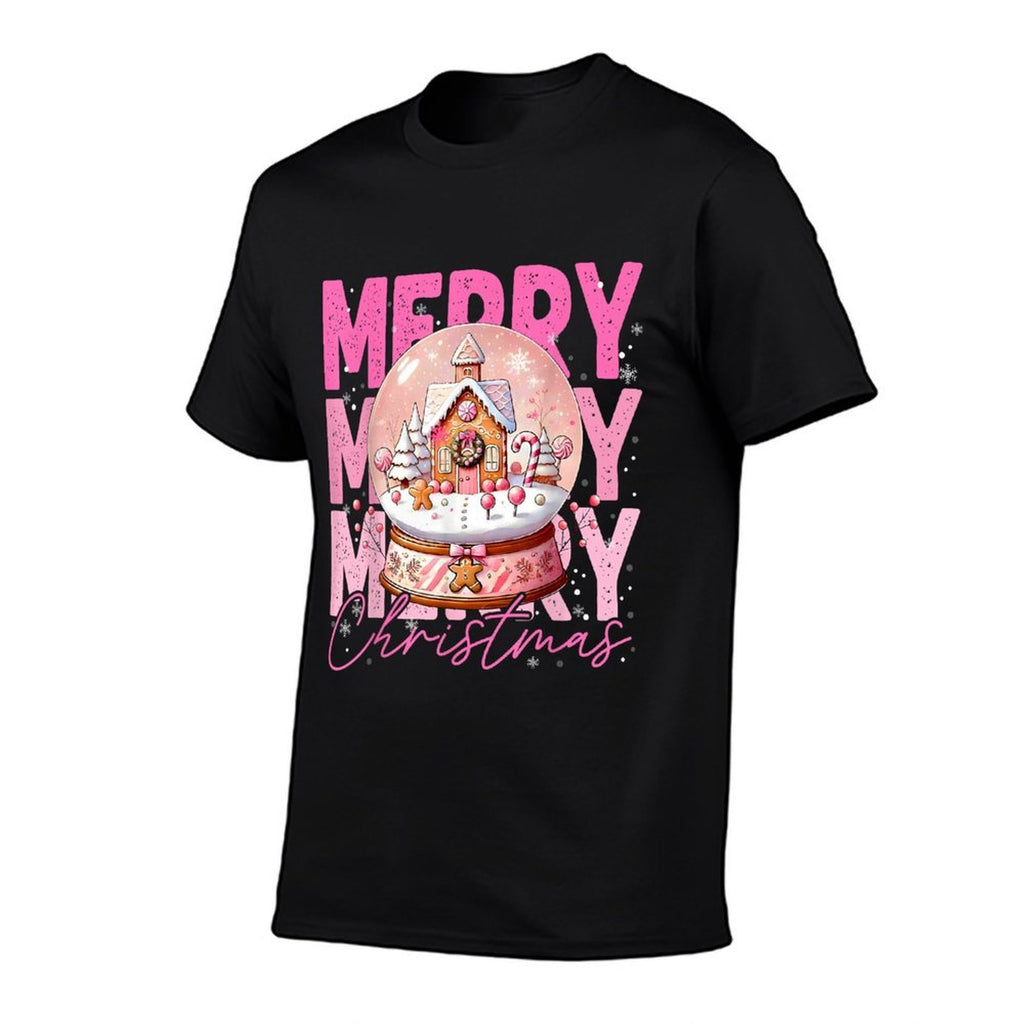 Cute Merry Christmas Snow Globe Pink Gingerbread House Xmas  Moisture-wicking T-Shirt