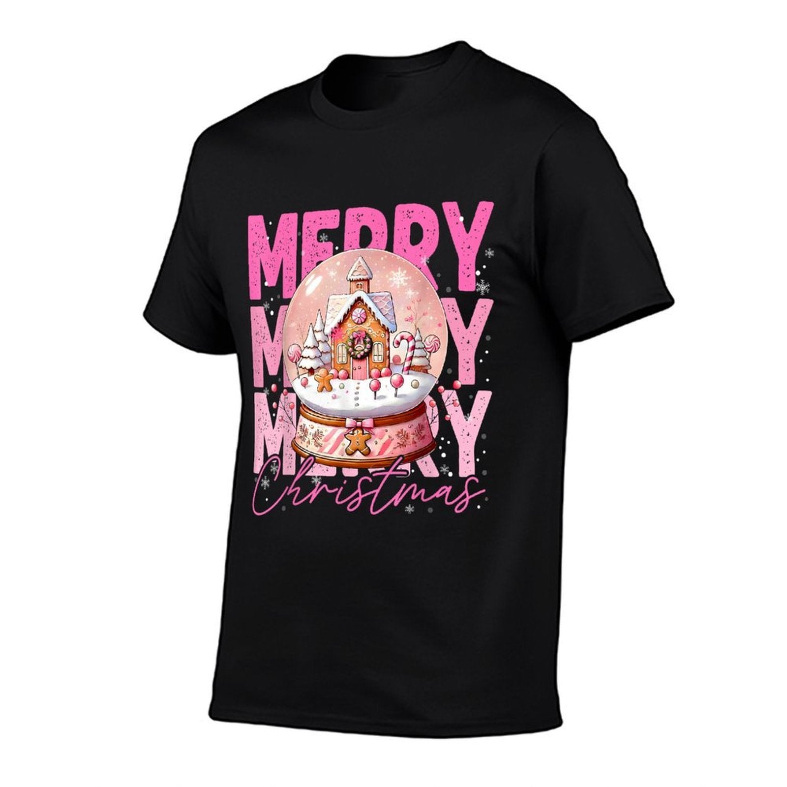 Cute Merry Christmas Snow Globe Pink Gingerbread House Xmas  Moisture-wicking T-Shirt