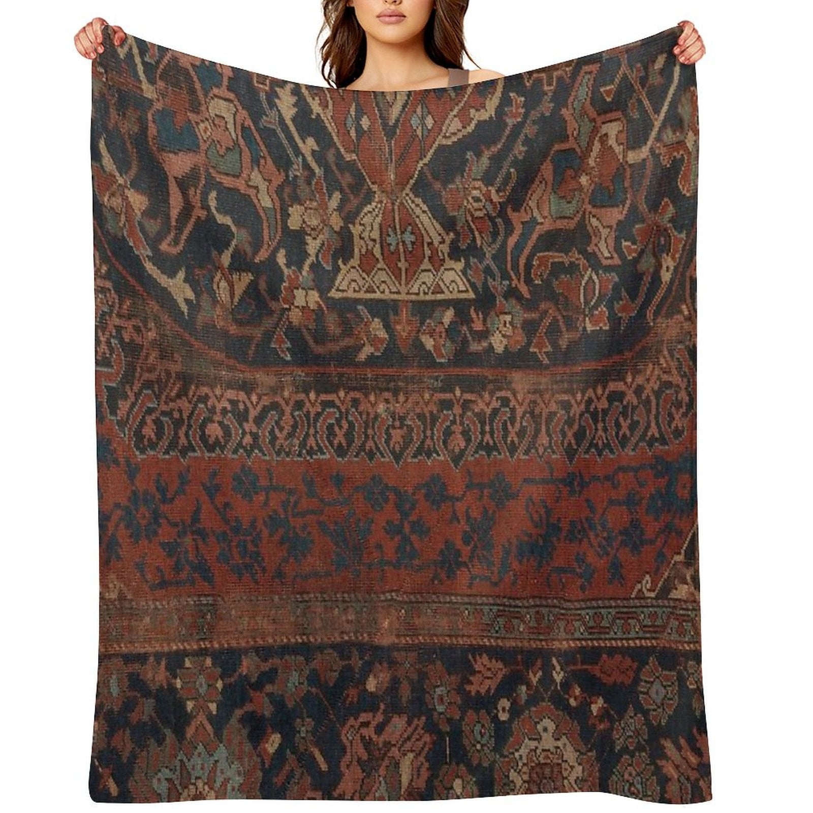Boho Chic Dark III  17th Century Colorful Medallion Red Blue Green Brown Ornate Accent Rug Pattern Gift-ready Throw Blanket
