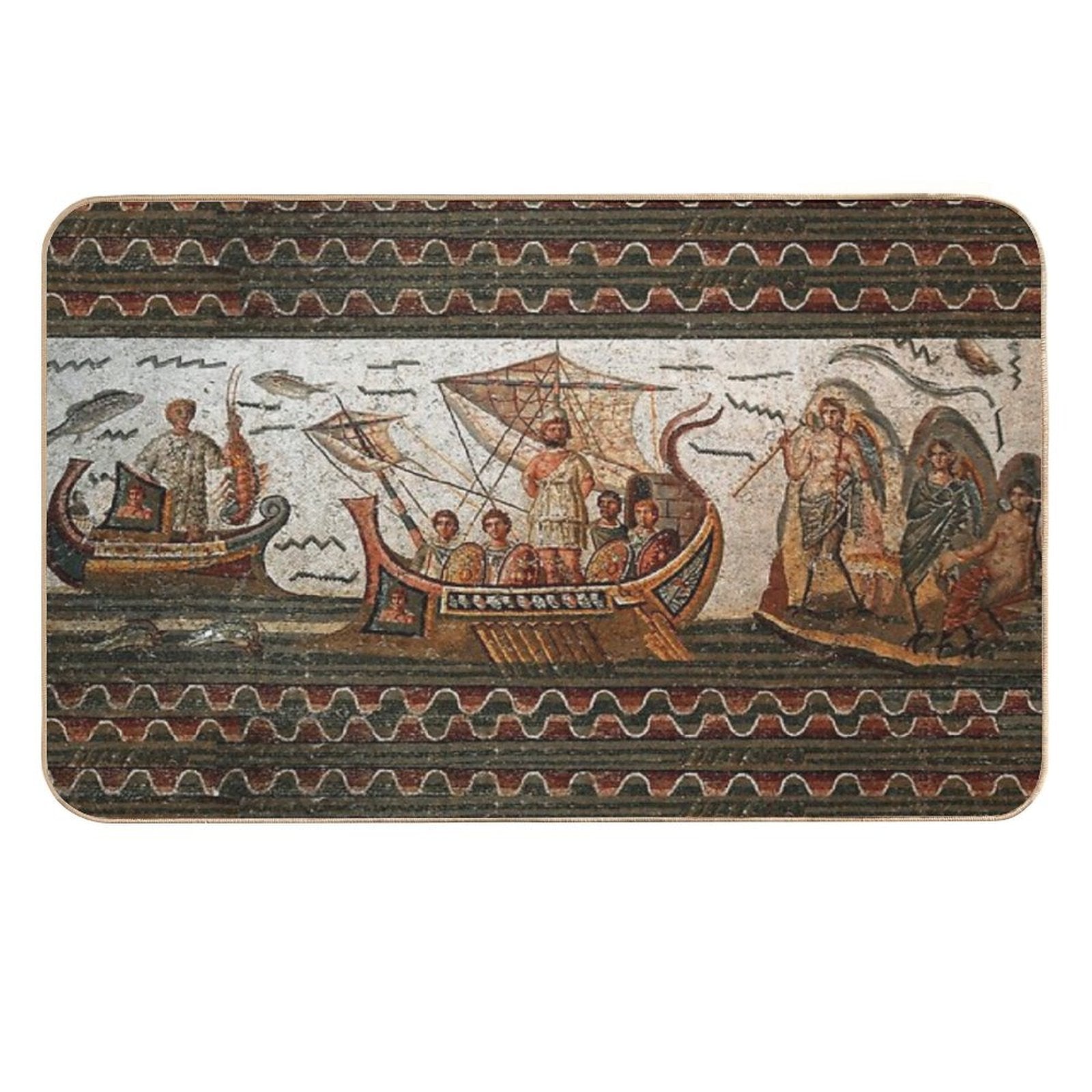 ANTIQUE ROMAN MOSAICS  Odyssey ,Ulysses Sailing with Vessel, Resistant to Sirens.,  Multi-Purpose Bath Mat
