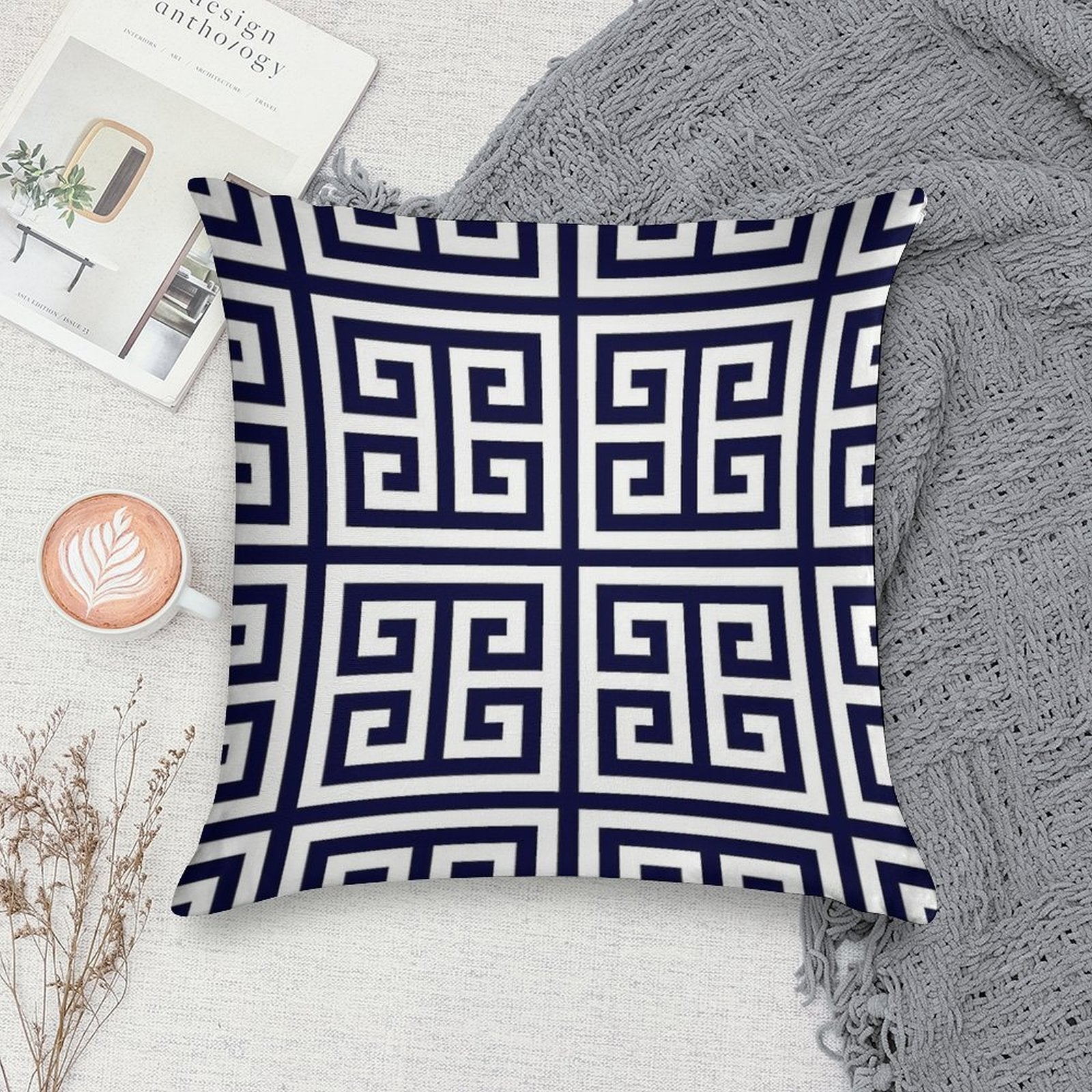 Greek Key Navy Blue And White Pattern Soft Multiple Sizes Throw Pillow