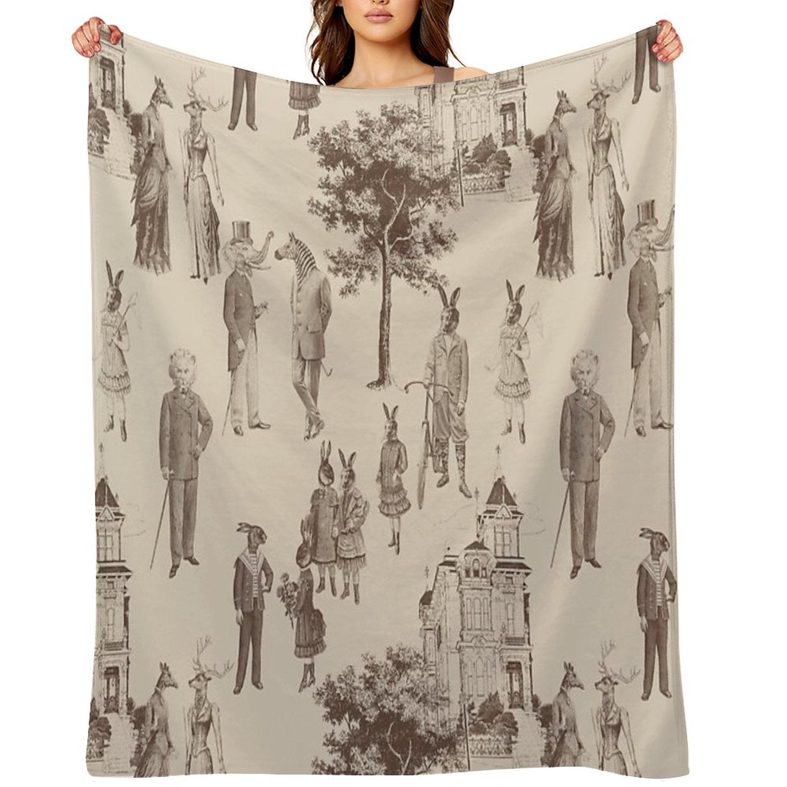 Antique Victorian Animals Brown Beige Toile Travel-friendly Throw Blanket