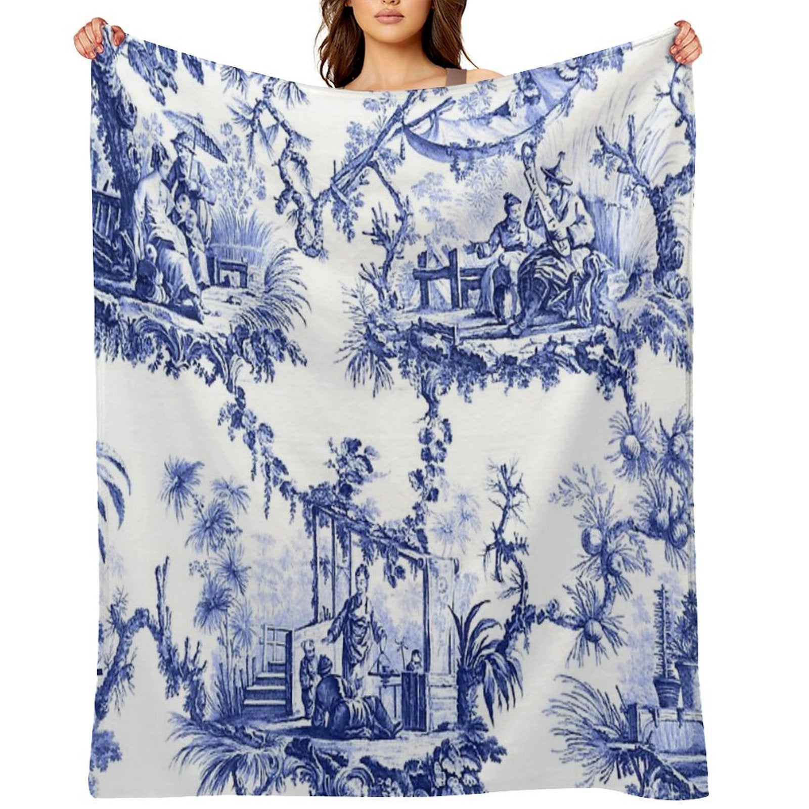 Blue Chinoiserie Toile Sustainable Throw Blanket