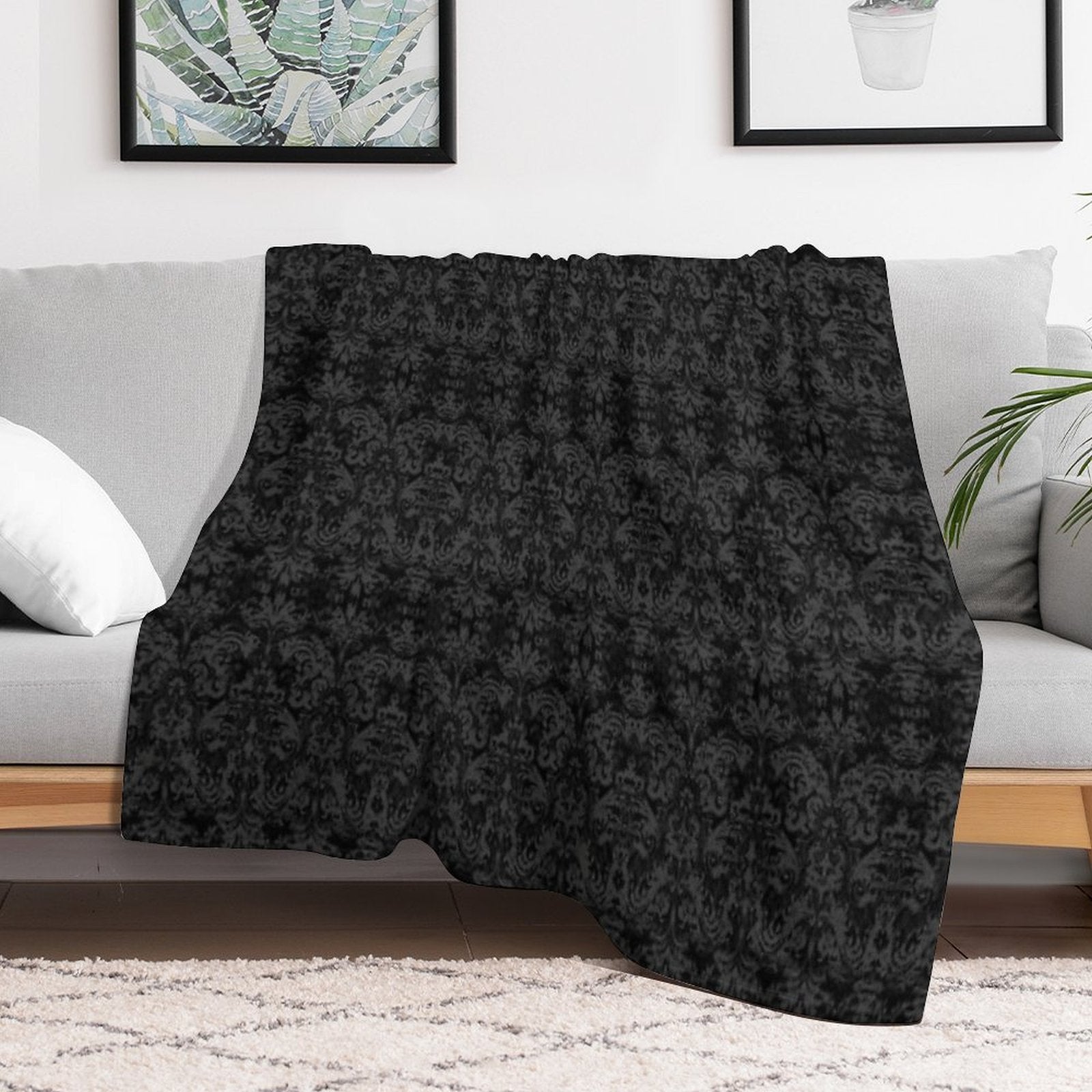 Very Vintage Grunge Damask in Black Machine-washable Throw Blanket