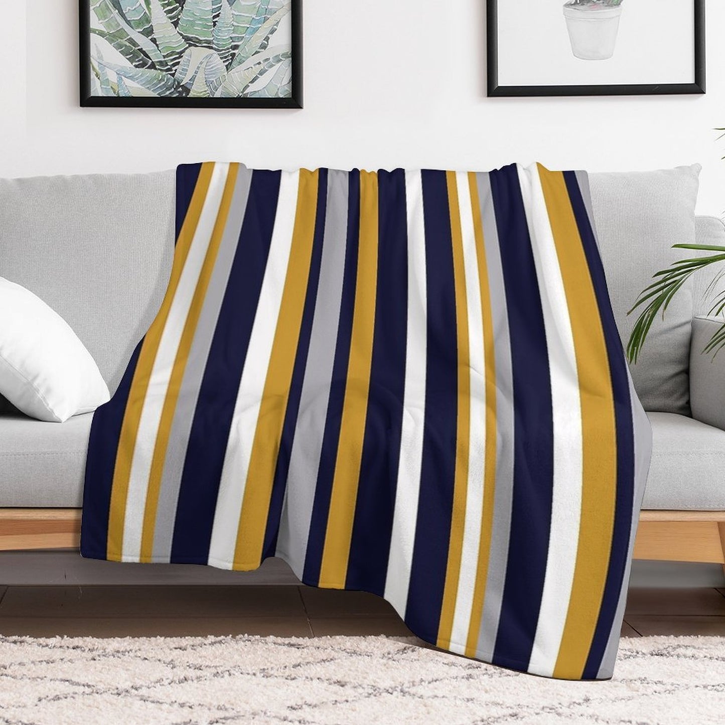 Modern Stripes Vertical Pattern in Honey Mustard Yellow, Dark Navy Blue, Gray, And White. Minimalist Color Block Versatility Throw Blanket