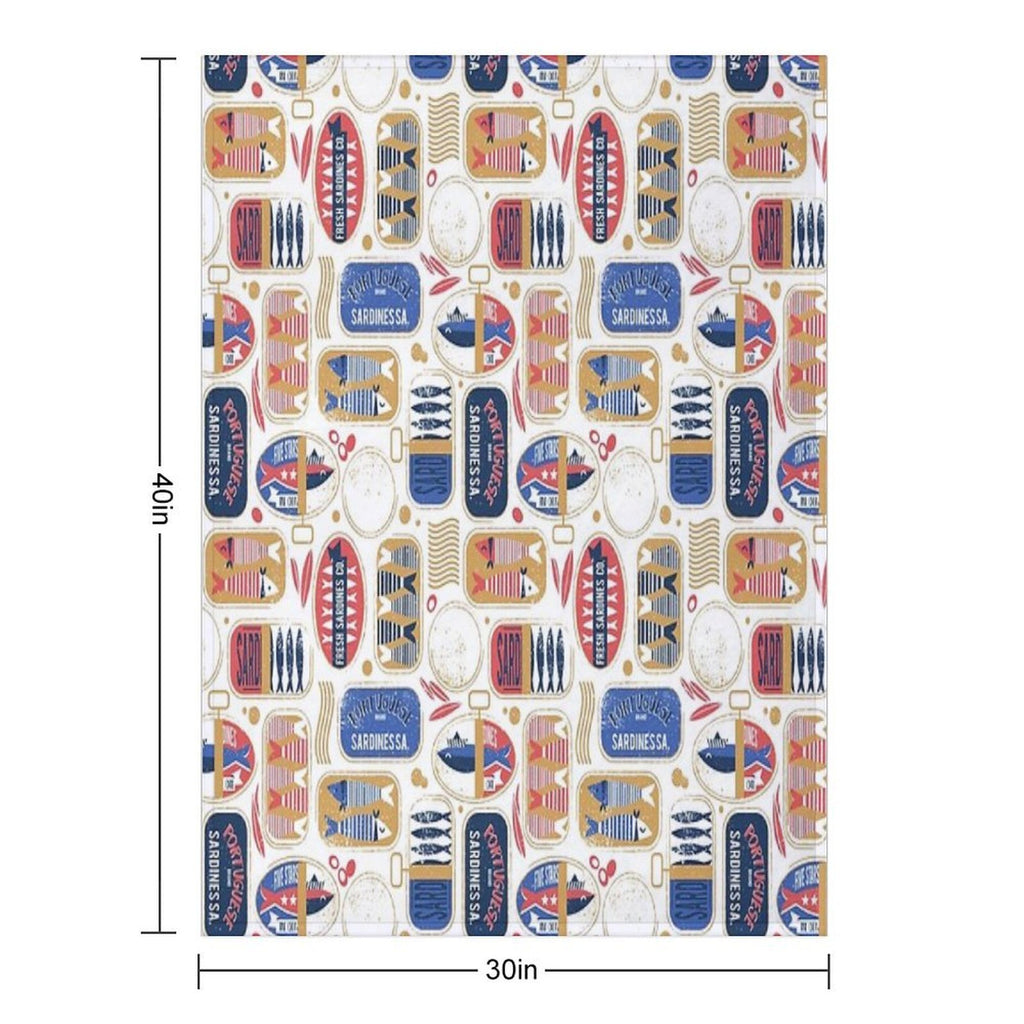 Vintage Canned Sardines  White Background Electric Blue And Mandy Red Cans Velvety-soft Throw Blanket