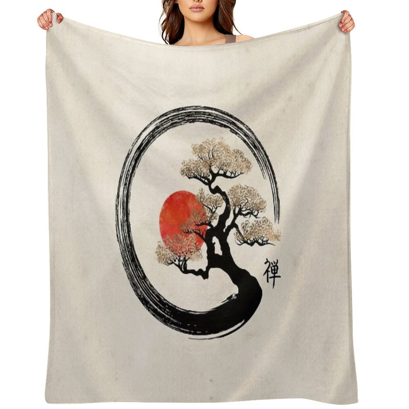 Enso Circle And Bonsai Tree on Canvas Sustainable Throw Blanket