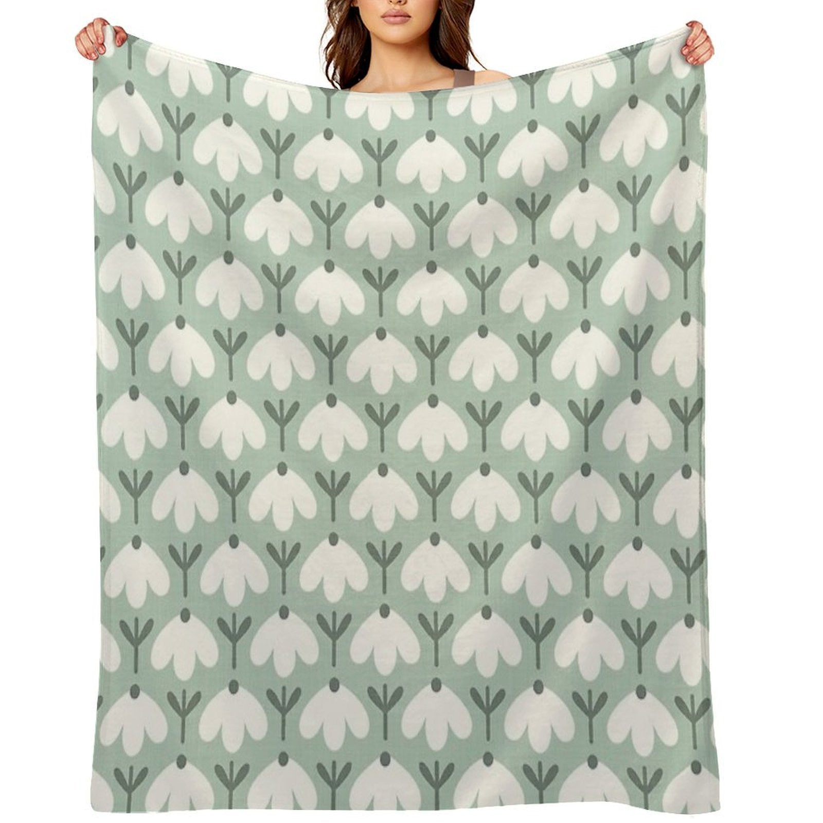 Bold Petal Flowers – Sage Green & Cream – Retro Playful Floral Plush Throw Blanket