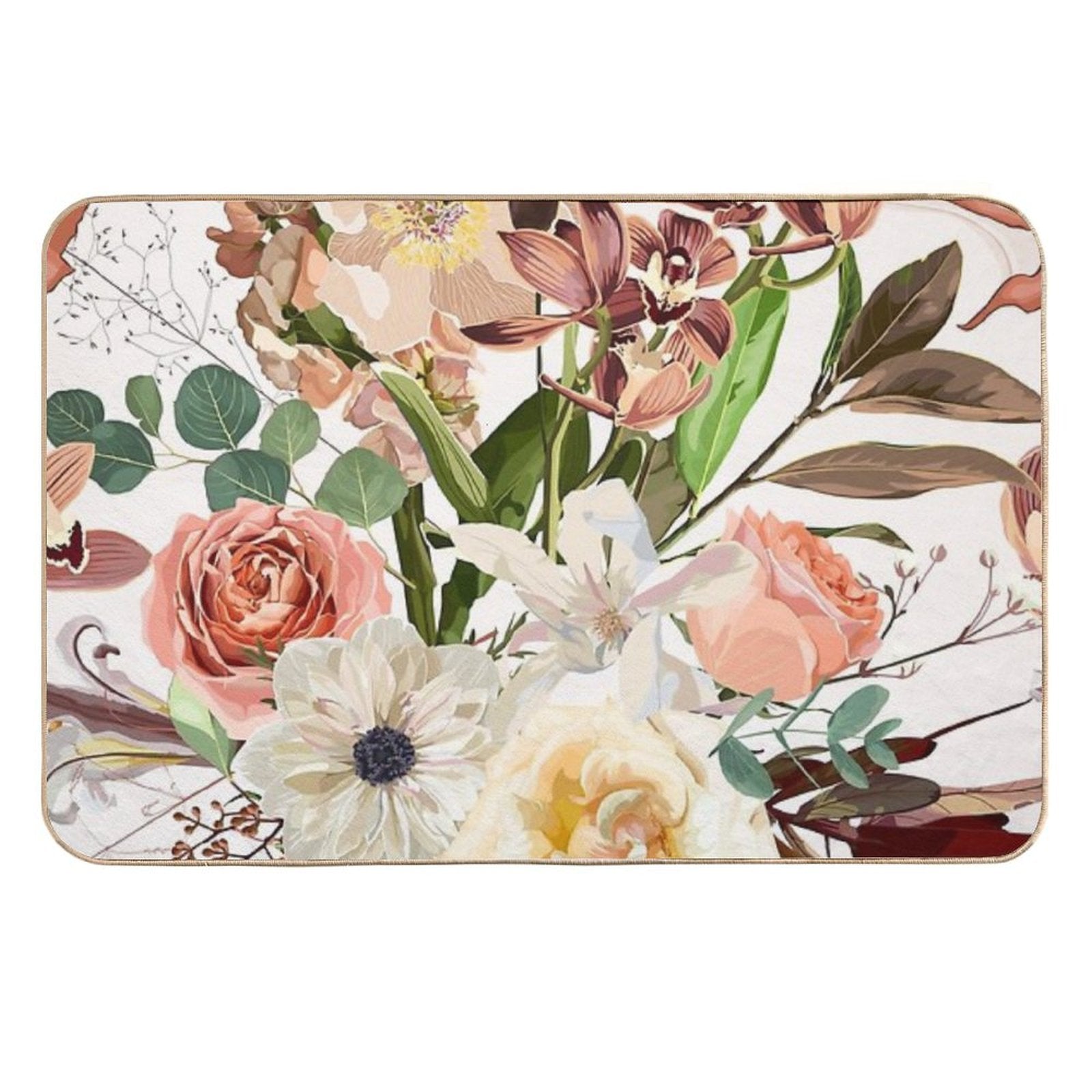 Detailed Hand Drawn Flowers - Blooming Magnolia, Roses, Eucalyptus And Herbs.  Long-Lasting Bath Mat