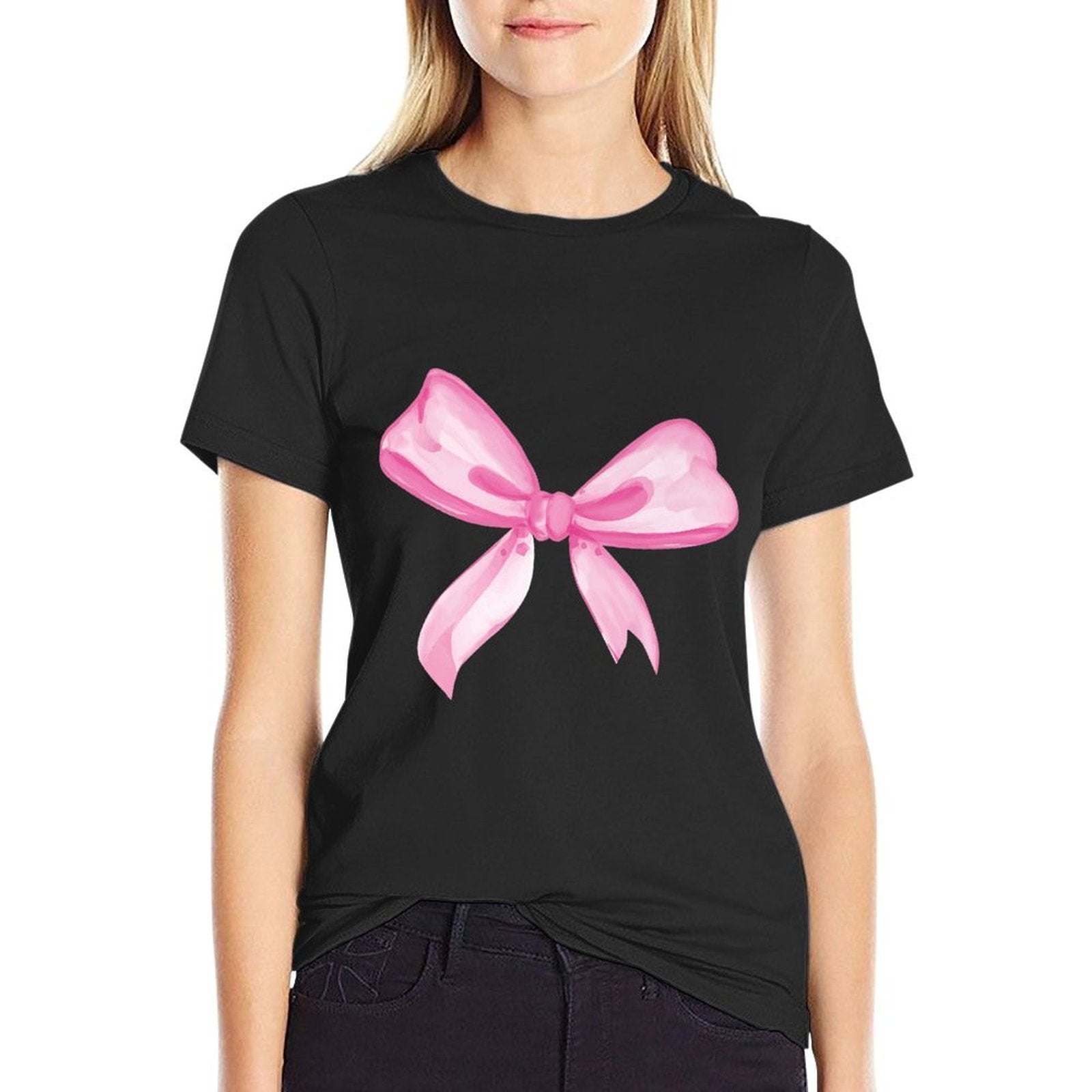 Aesthetic Pink Bow in Watercolor on Black Premium  Moisture-wicking T-Shirt