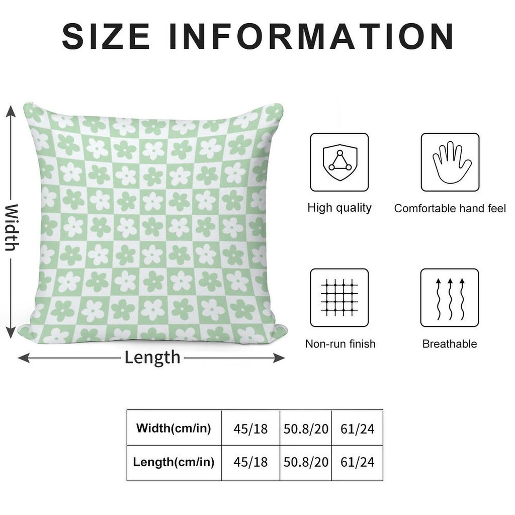 Light Pastel Green And White Checkered Squares with Flowers Soft Short Plush Fabric Throw Pillow