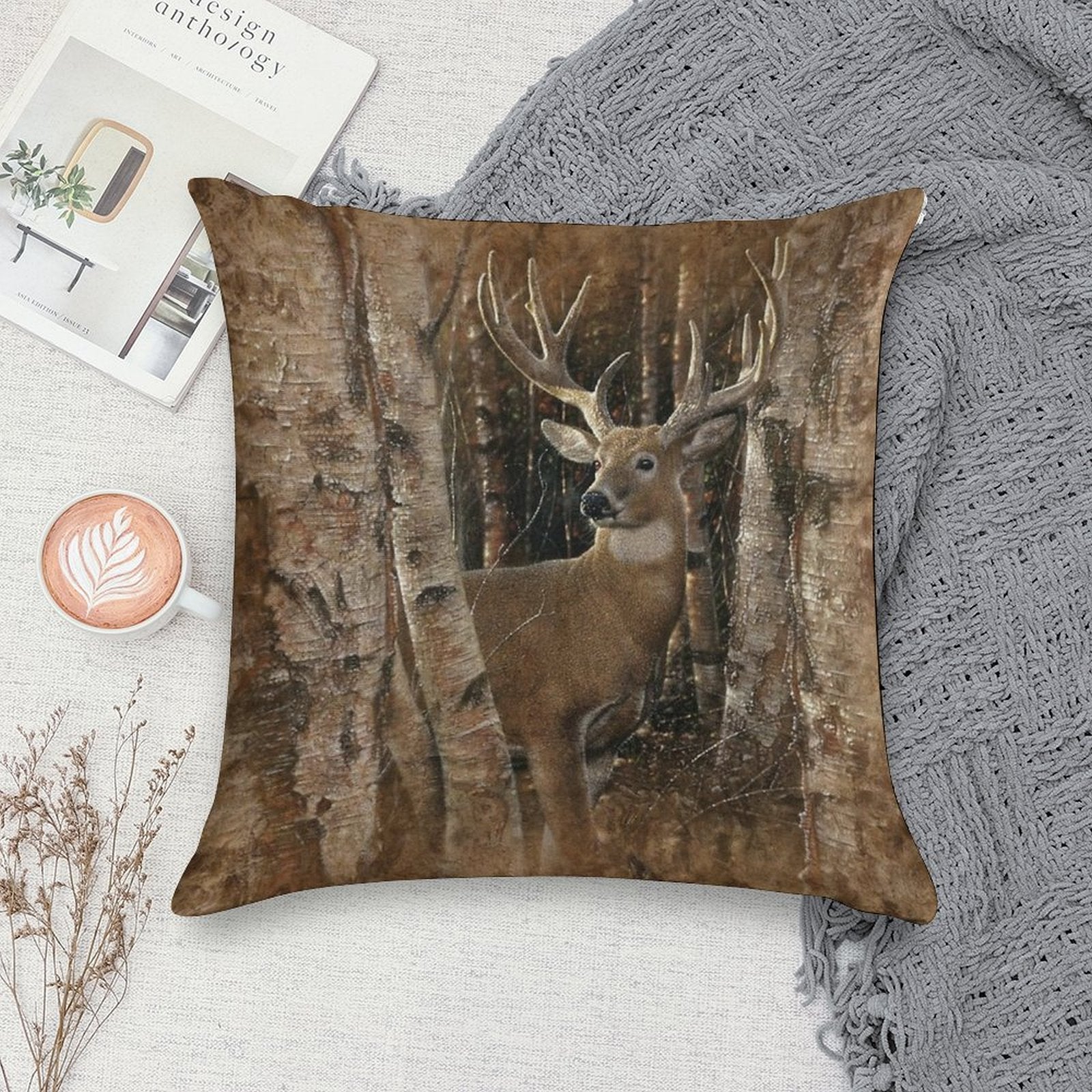 Deer Birchwood Buck Soft Fade-Resistant Throw Pillow