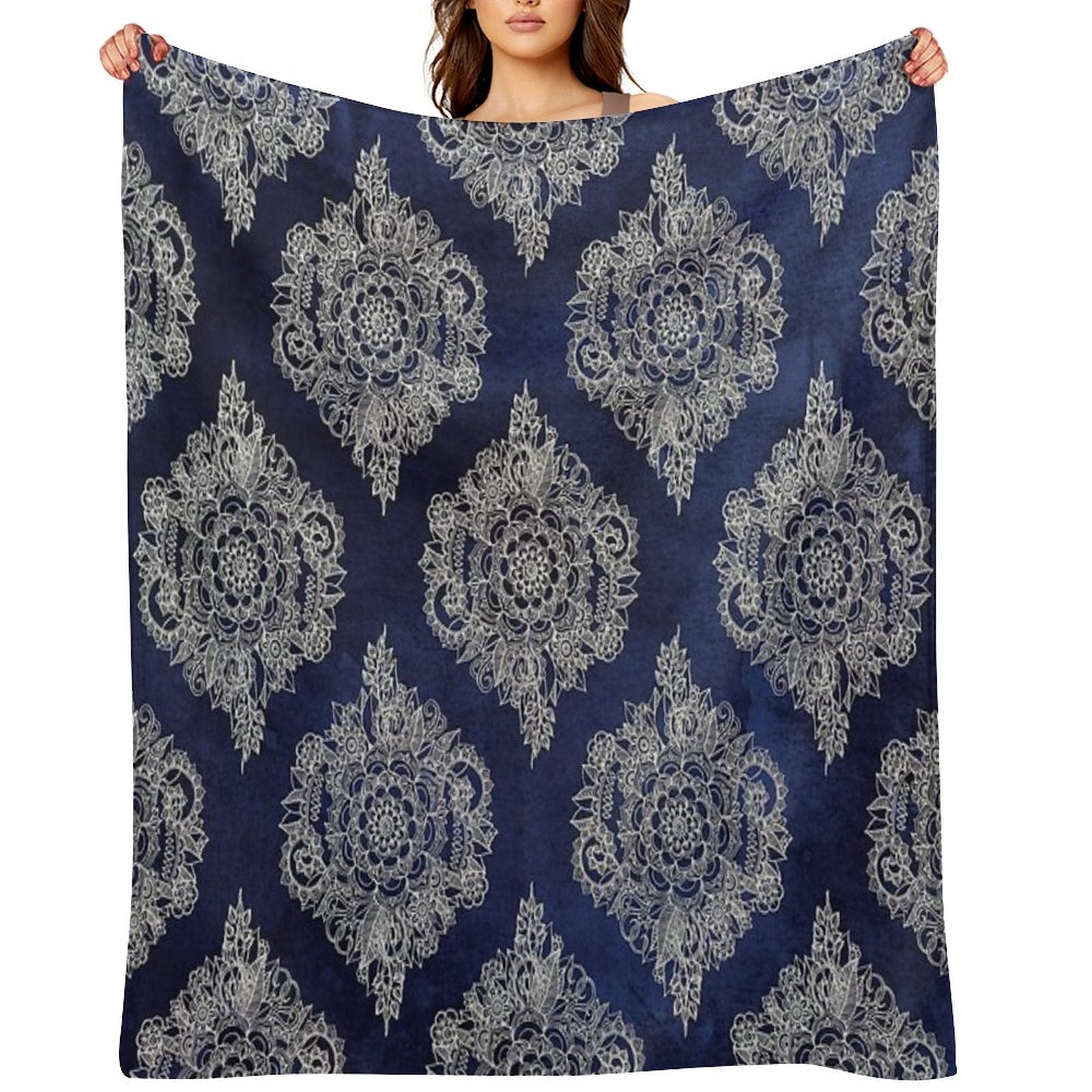 Cream Floral Moroccan Pattern on Deep Indigo Ink Eco-conscious Throw Blanket