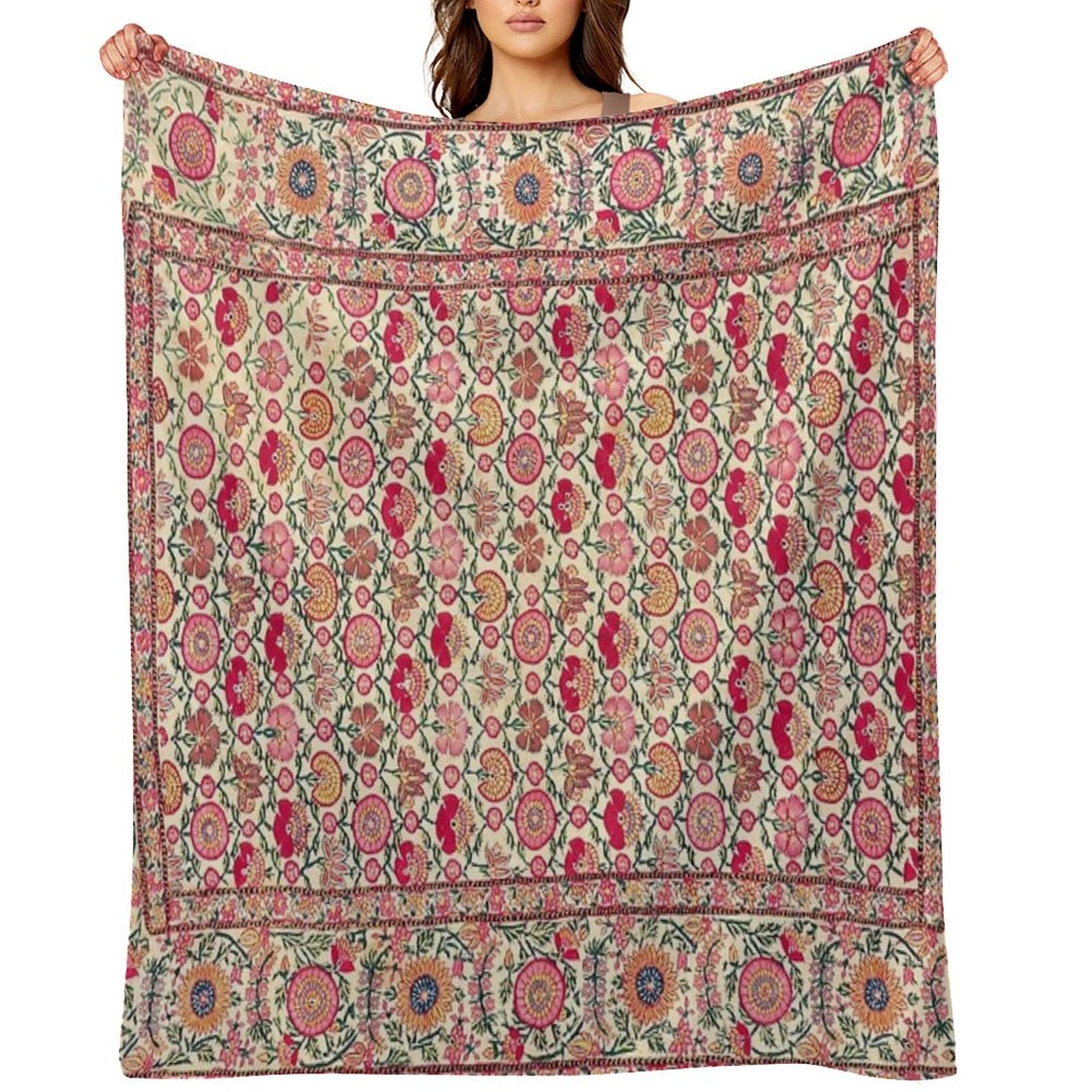 Vintage India Embroidered Textile, 17th Century Wrinkle-free Throw Blanket