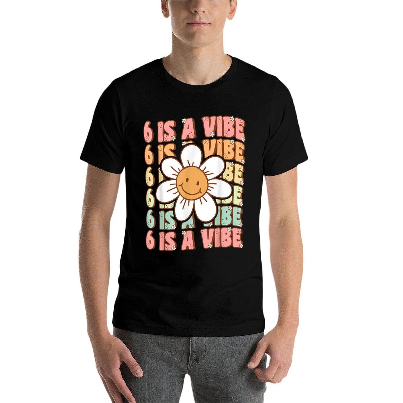 Six Is A Vibe Cute Groovy 6th Birthday Party Daisy Flower  Heathered Texture T-Shirt