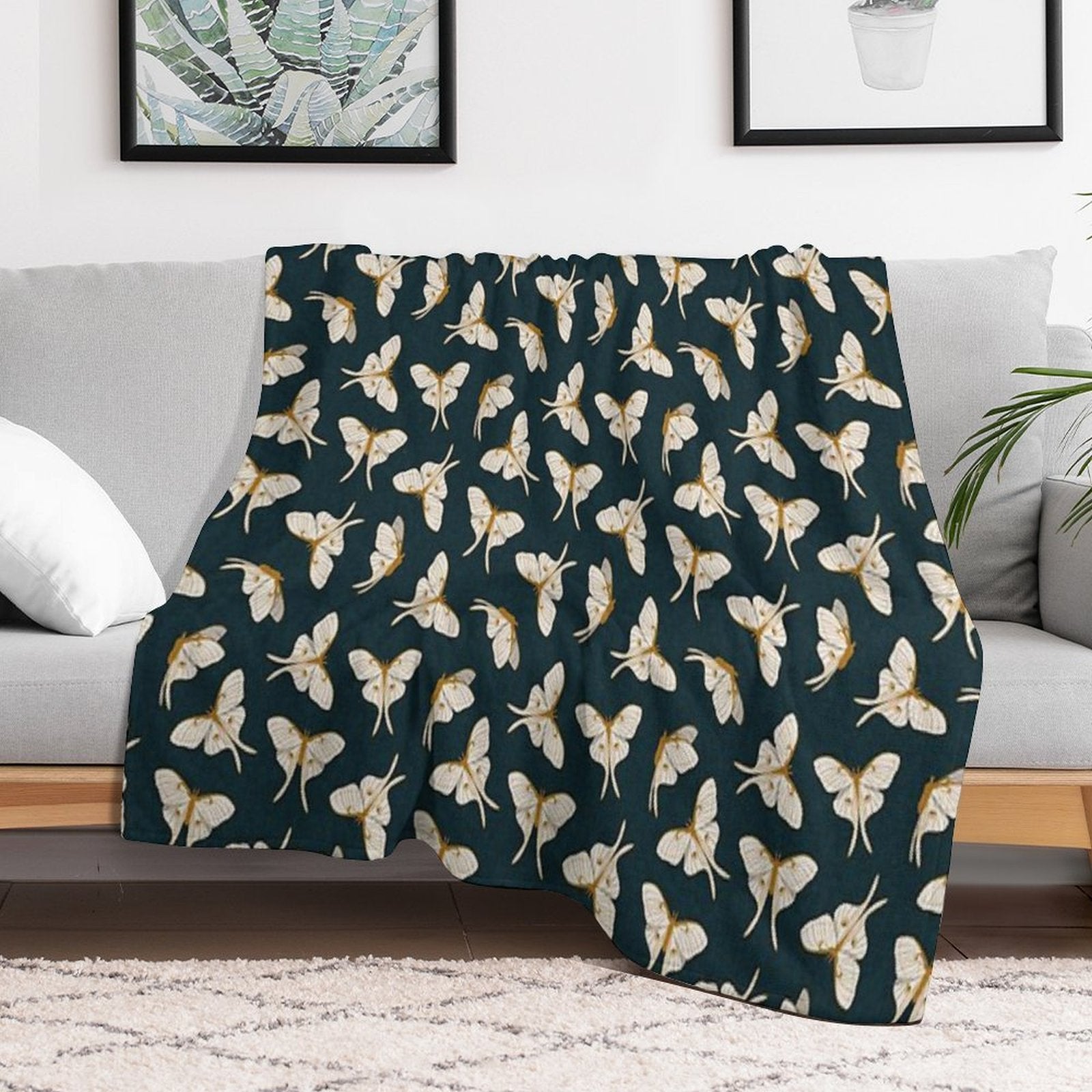 Luna Moth - Gold on Dark Teal Shrink-resistant Throw Blanket
