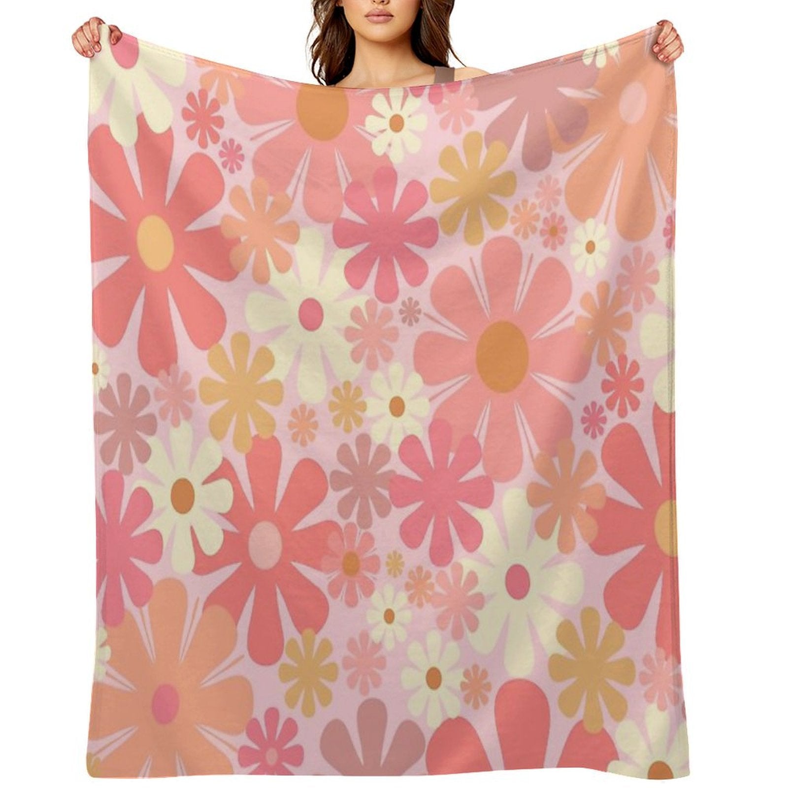 Vintage 60s 70s Flowers Retro Floral Pattern in Blush Pink And Mustard Tones Shrink-resistant Throw Blanket