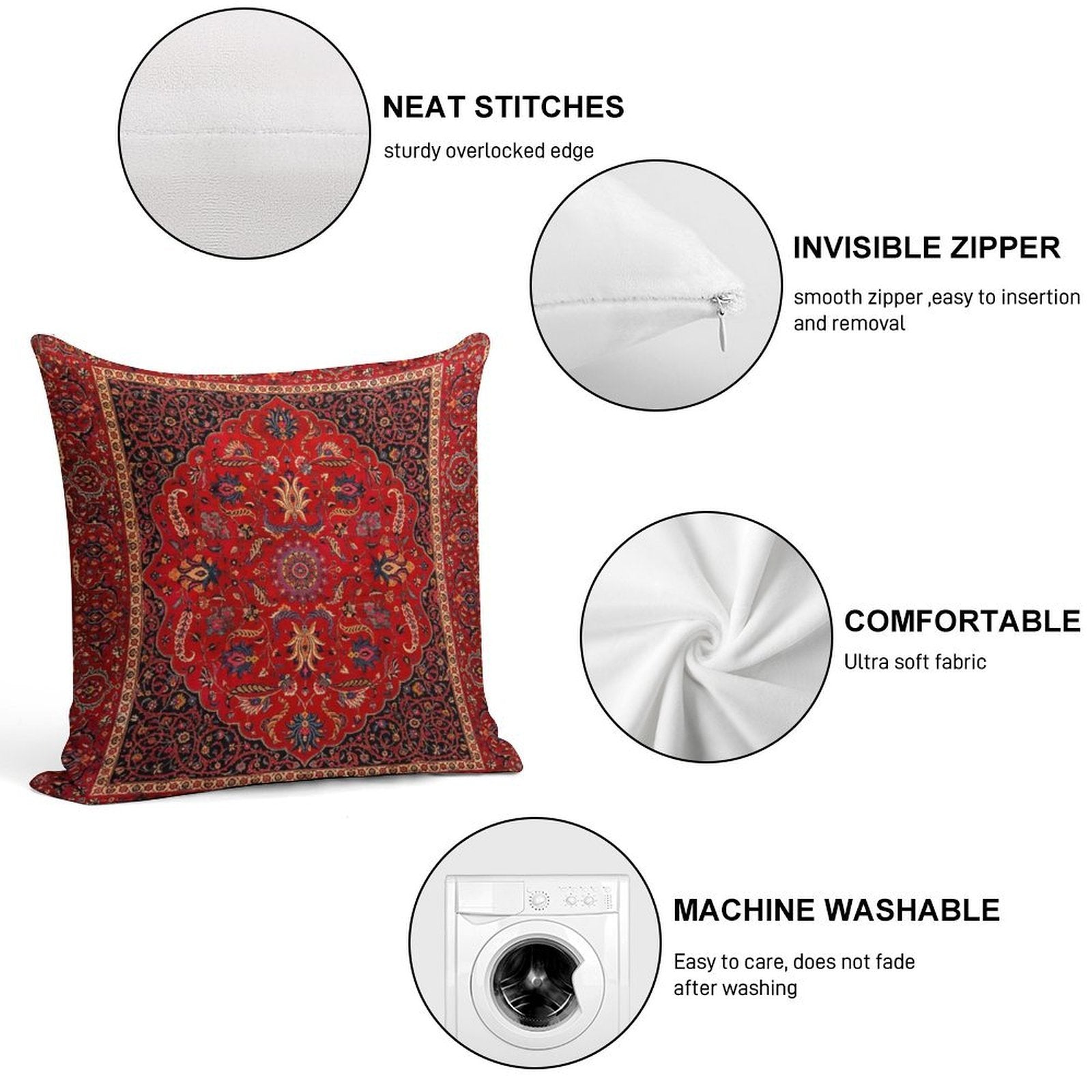 Red Persian Rug Soft Washable Throw Pillow