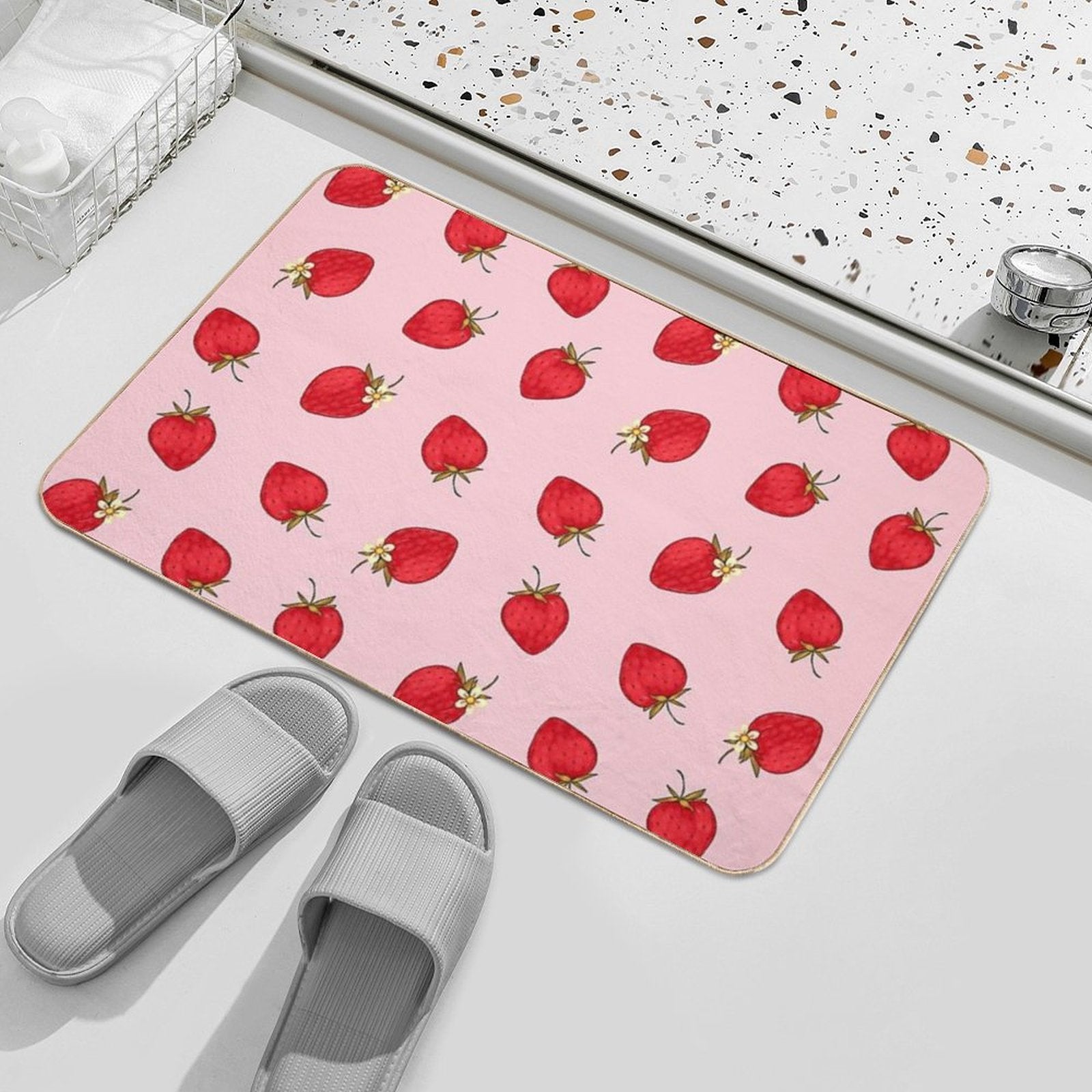 Cute Strawberries Pattern Red Pink Pastel Aesthetic  Easy Maintenance Bath Mat