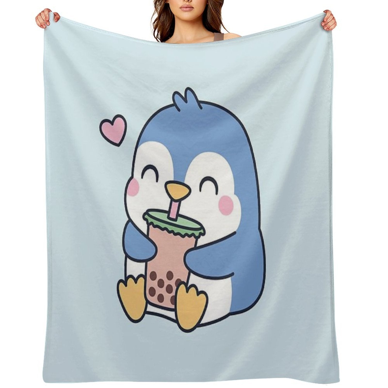 Cute Little Penguin Loves Boba Tea Versatility Throw Blanket
