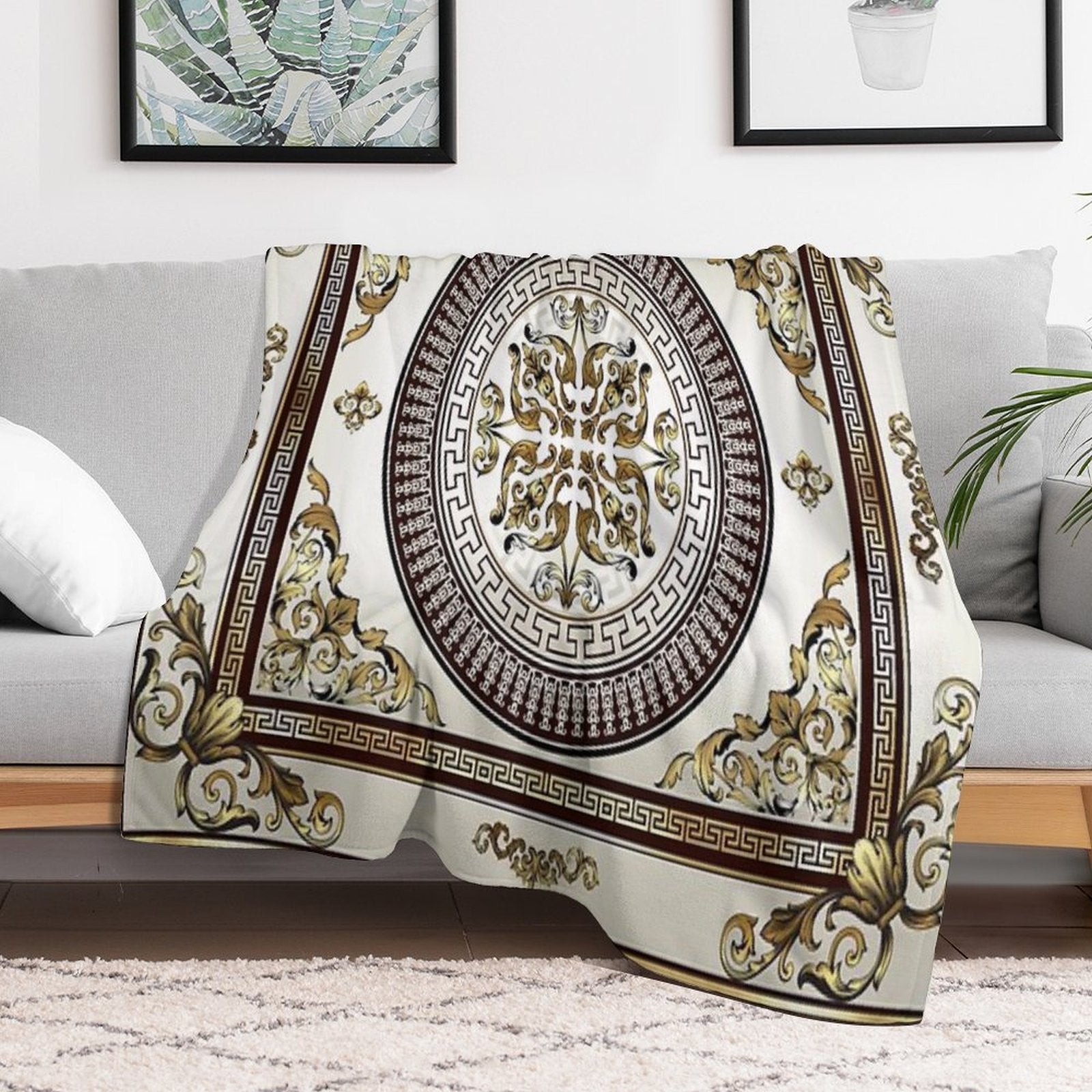 Baroque Ornate Cream Gold Brown Greek Key Premium Throw Blanket