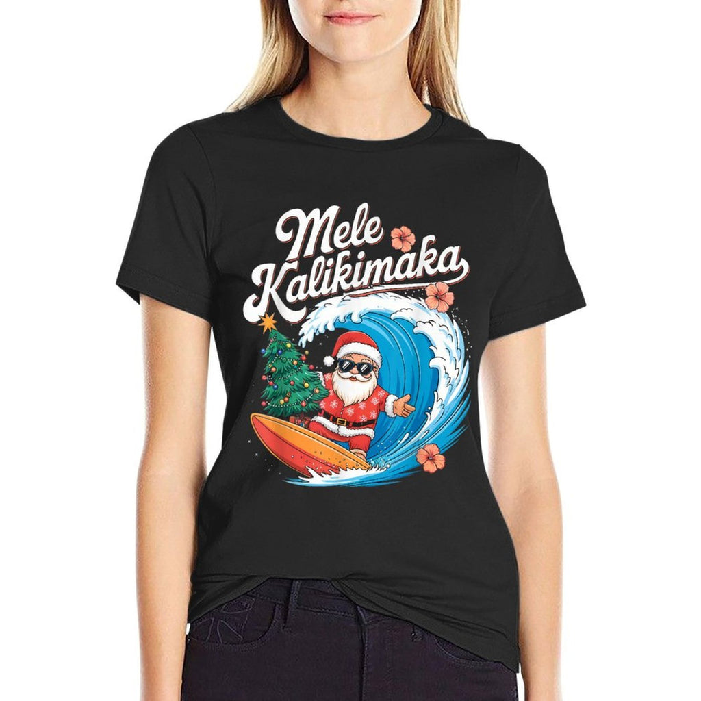 Vintage Cute Mele Kalikimaka Christmas Santa Surfing Costume  Graphic-printed T-Shirt