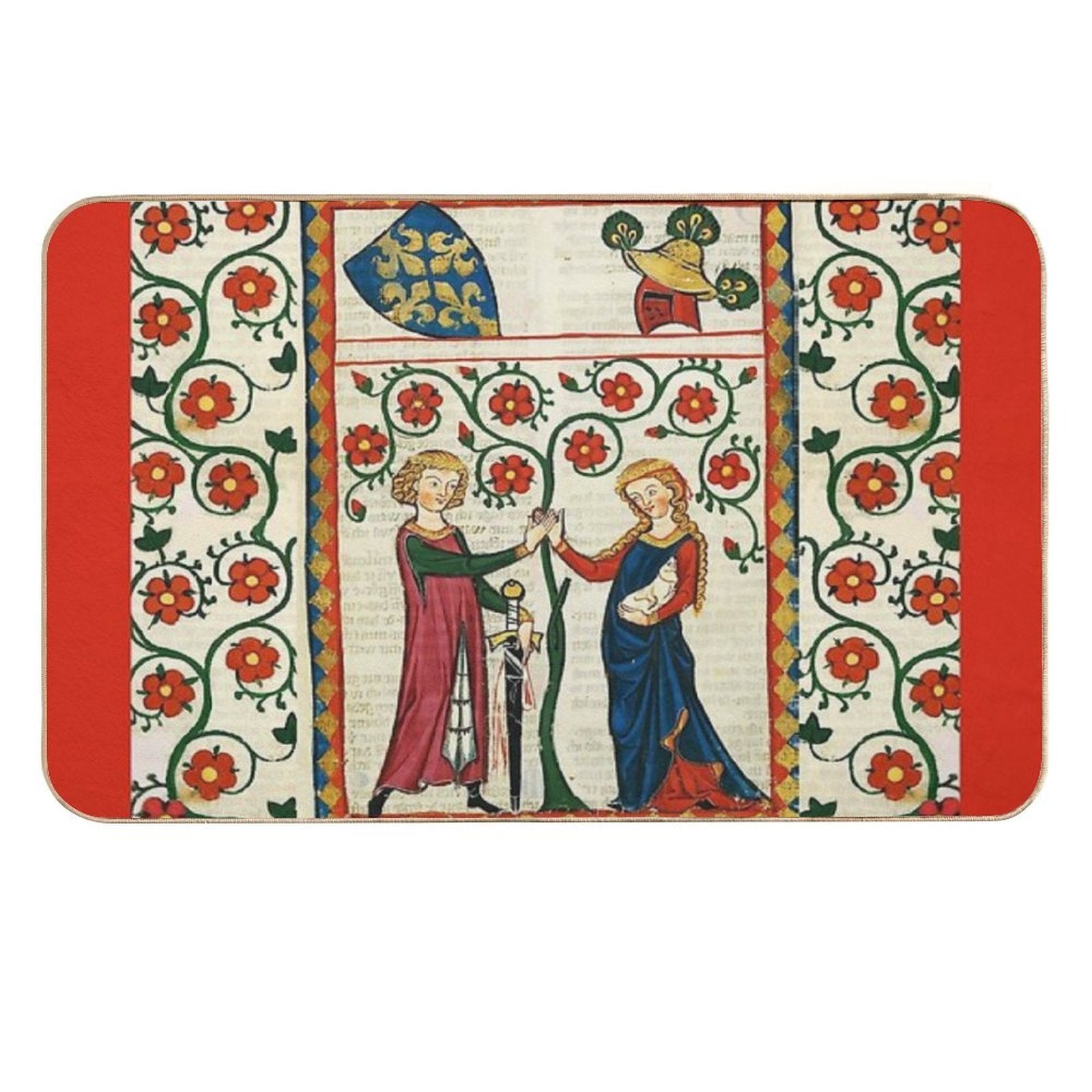 GERMAN POET WITH HIS BELOVED LADY ,MEDIEVAL MINIATURE WITH WILD ROSES  Eco-Friendly Bath Mat