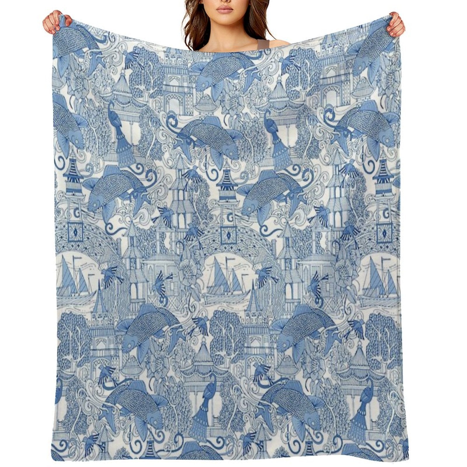 Chinoiserie Toile Blue Anti-pilling Throw Blanket