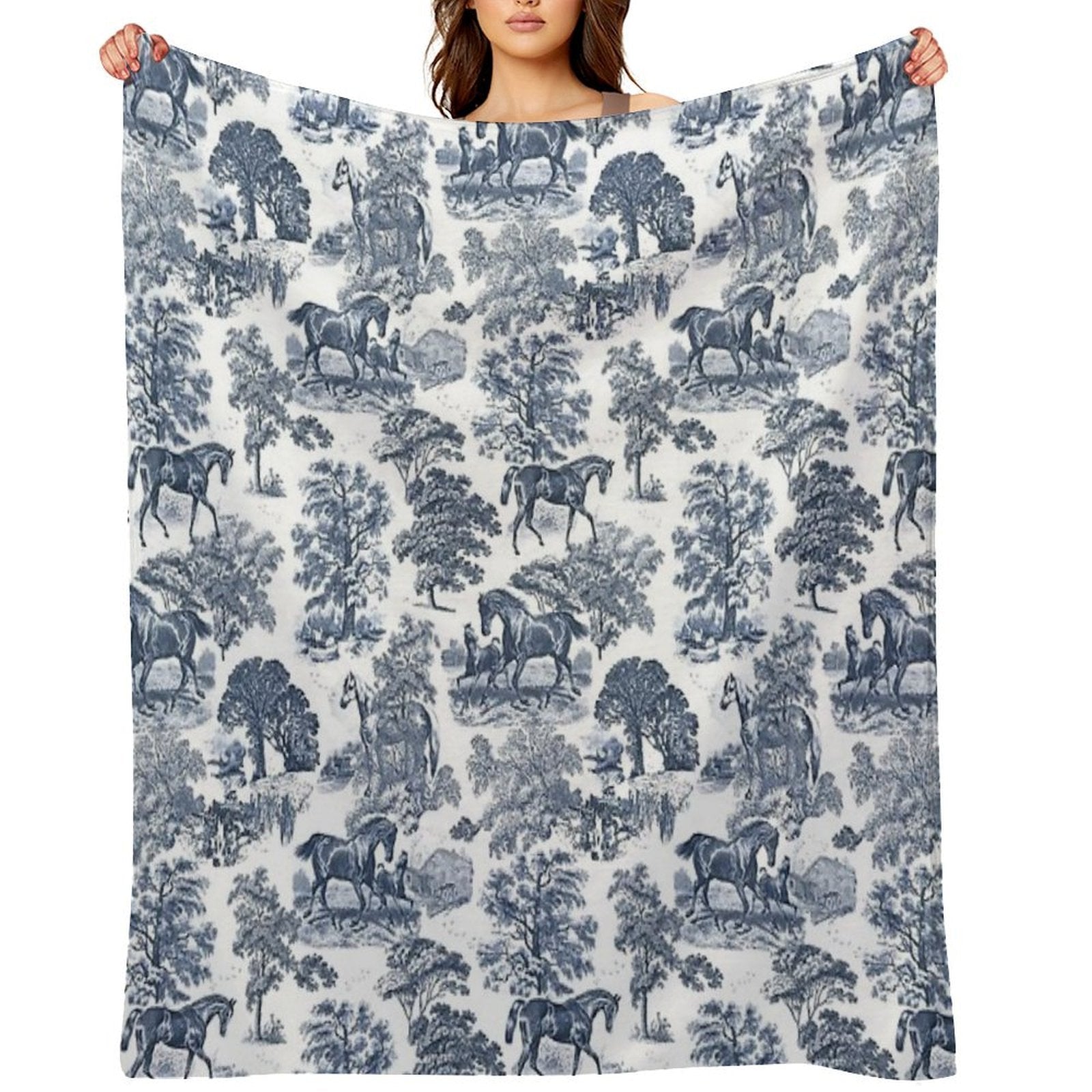 Elegant Vintage Chic Blue Toile Horses Pattern Versatility Throw Blanket