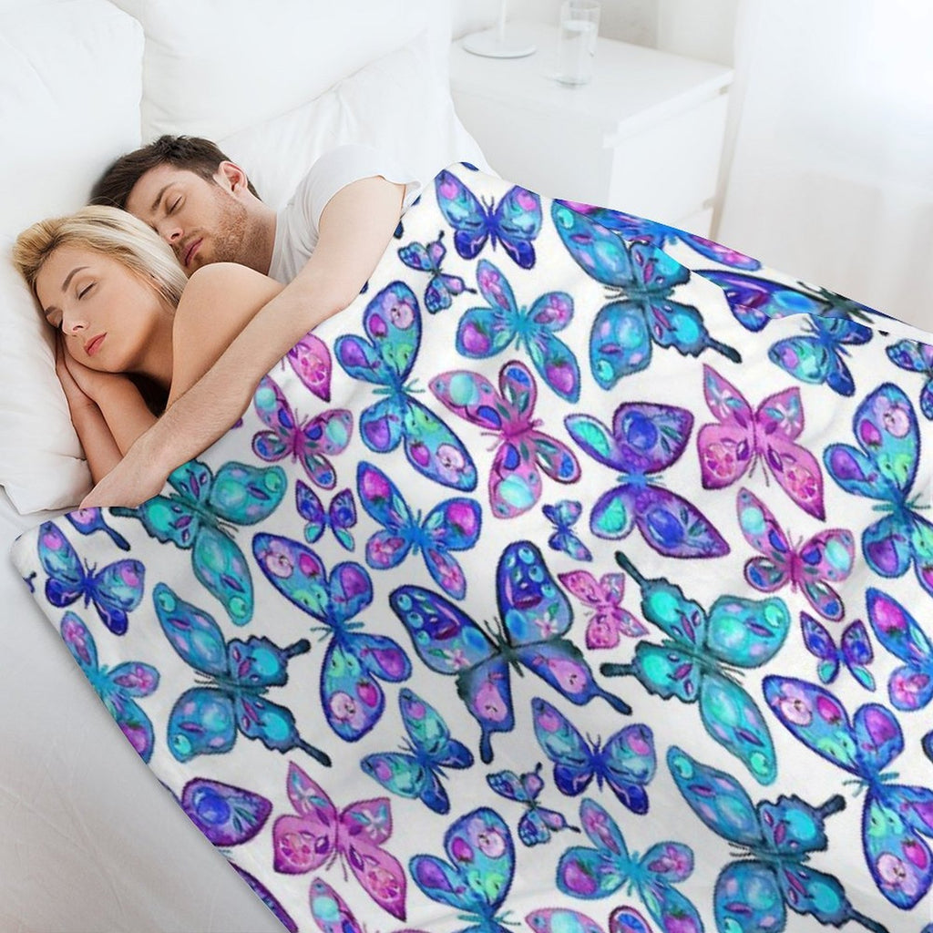 Watercolor Fruit Patterned Butterflies - Aqua And Sapphire Compact Throw Blanket