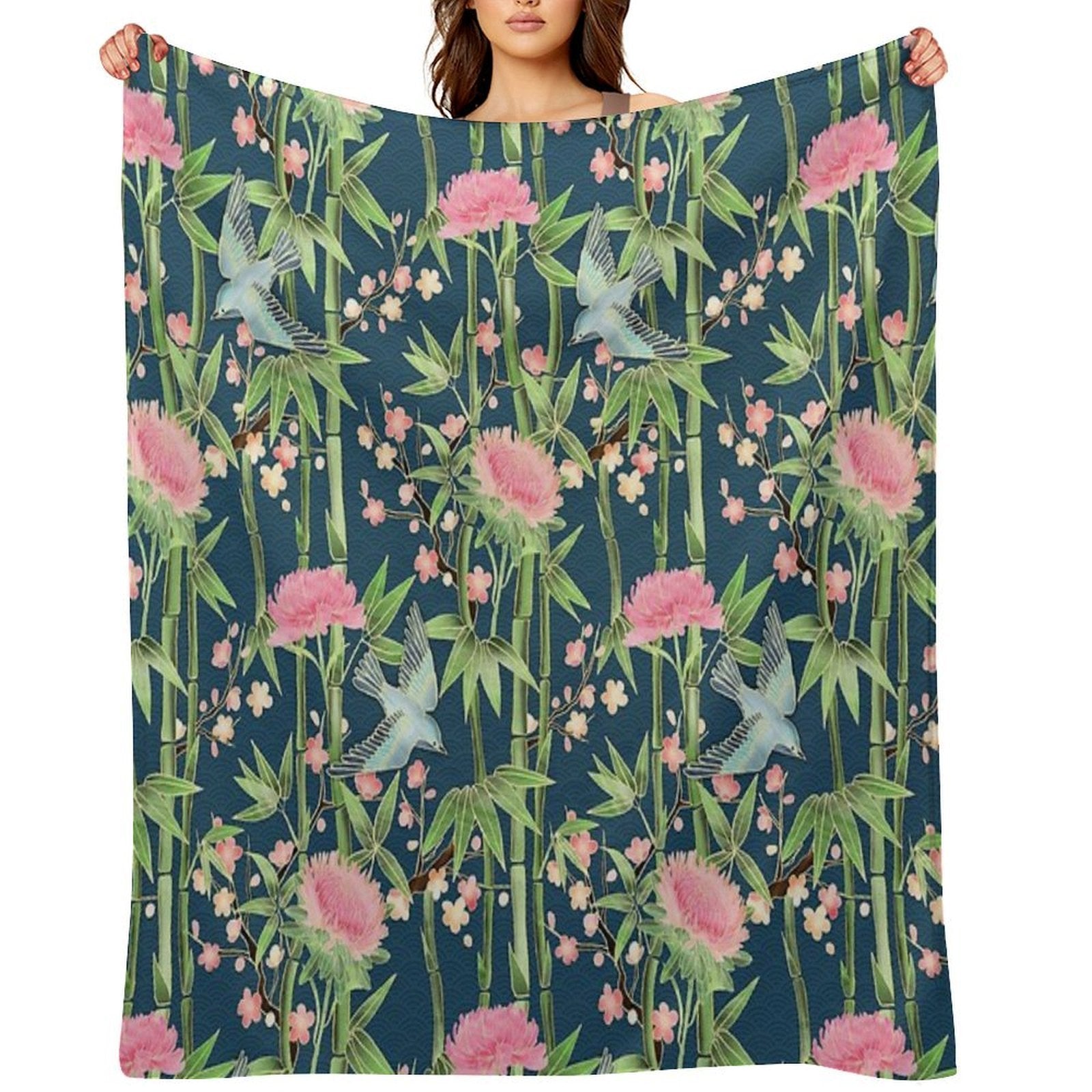 Bamboo, Birds And Blossom - Dark Teal Durable Throw Blanket