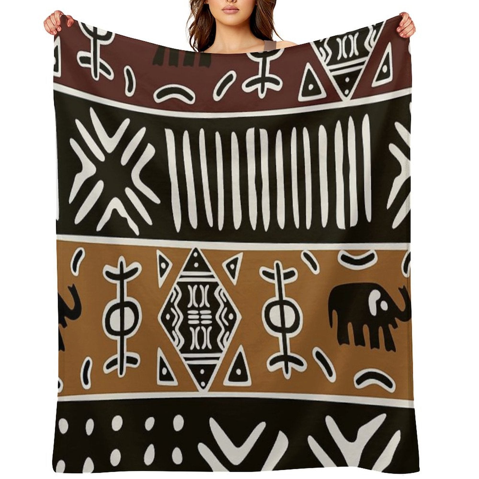 African Mud Cloth with Elephants Plush Throw Blanket