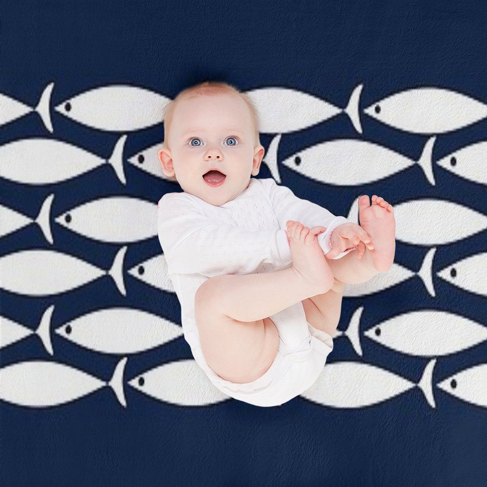 Fish Stripe 6 - Minimalist Midcentury Modern Fish in White And Nautical Navy Blue Eco-conscious Throw Blanket