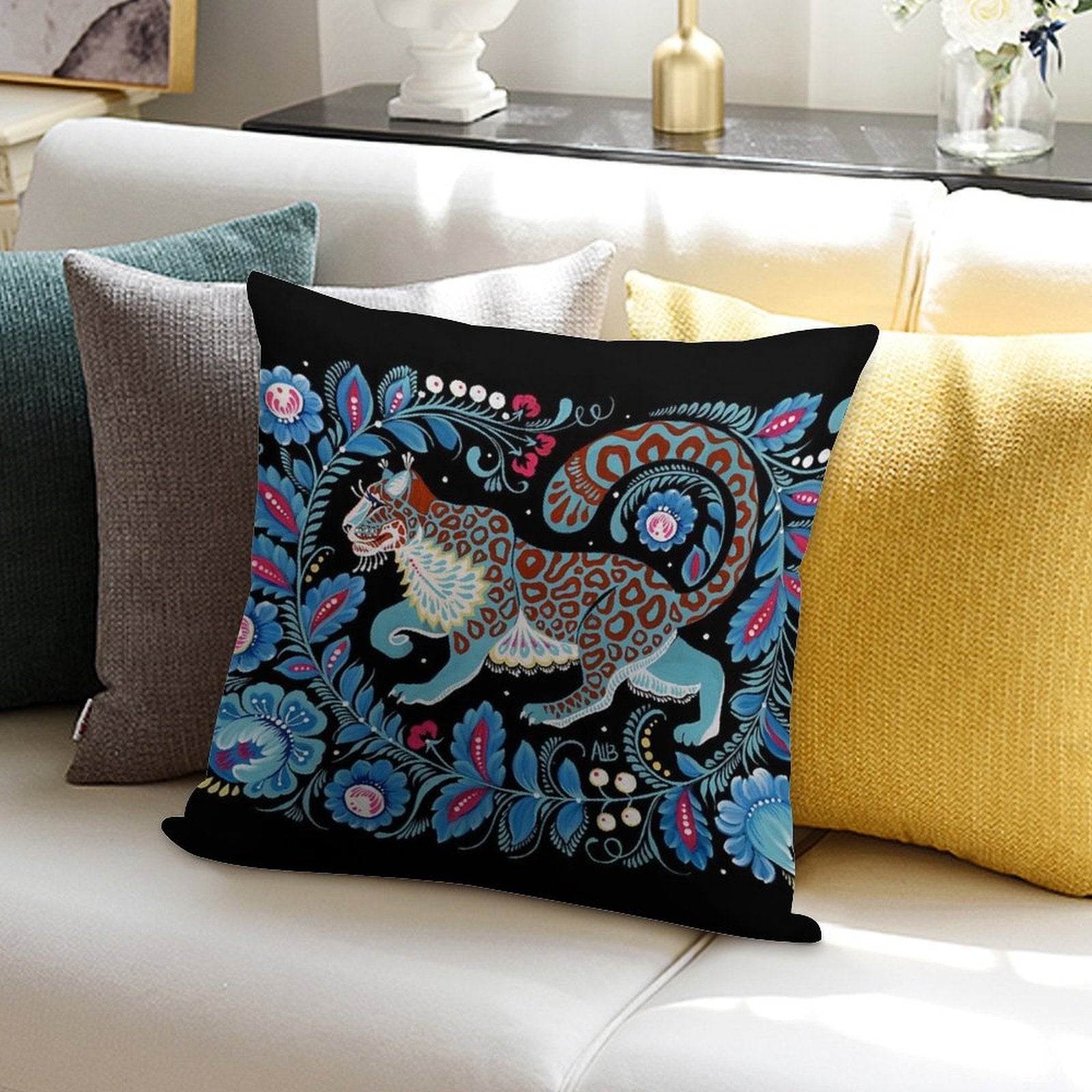 Snow Leopard Folk Art Soft Bedroom Essential Throw Pillow