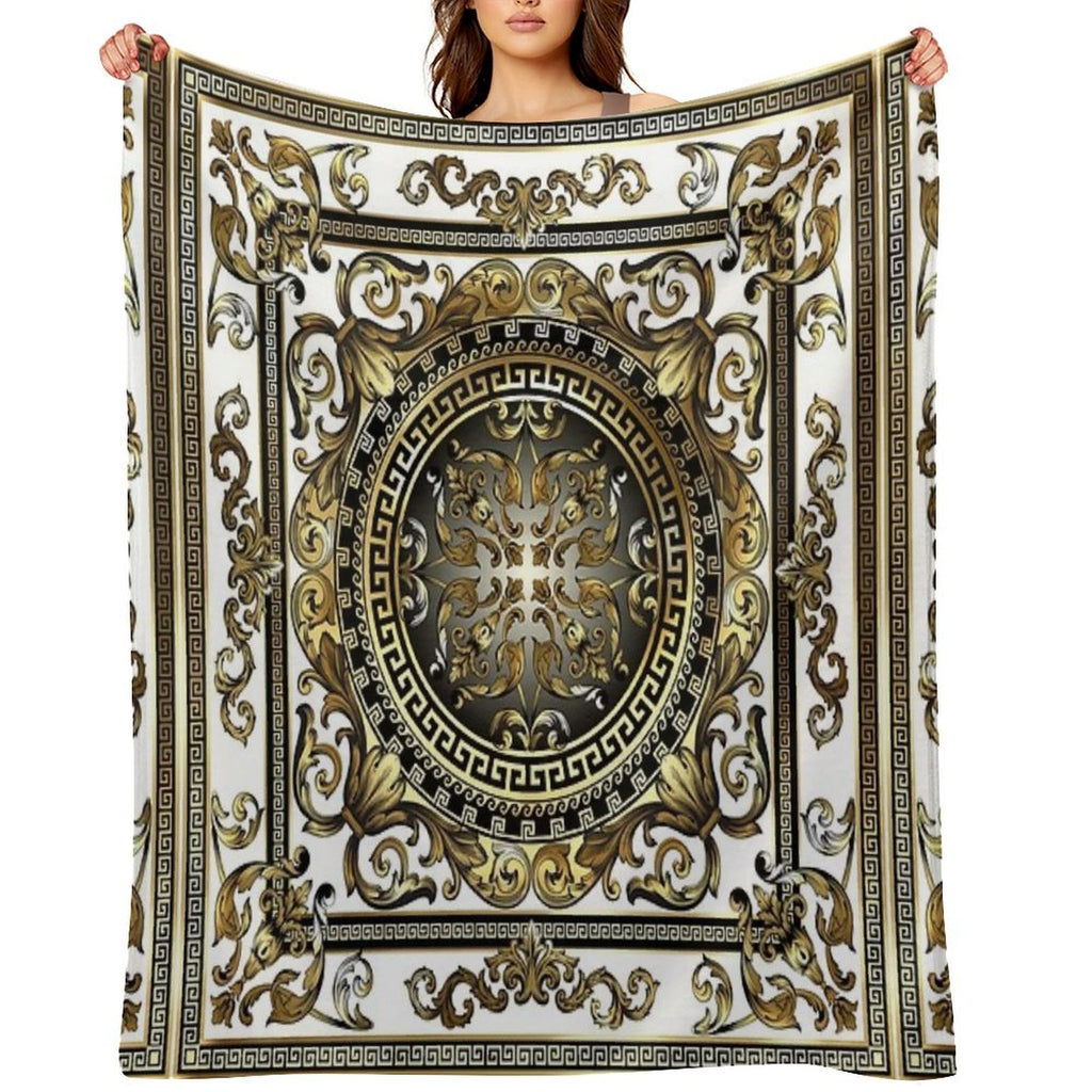 Ornate Baroque White Gold Black Greek Keys Gift-ready Throw Blanket