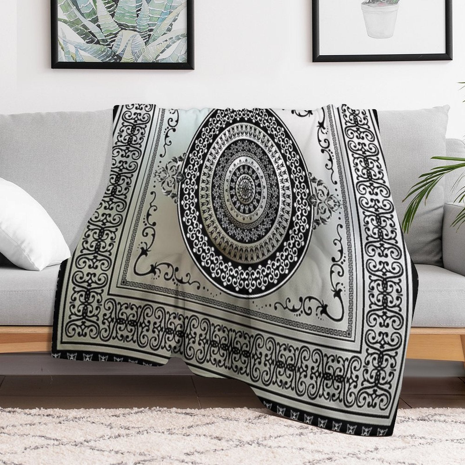 Ornate Greek Key Medallion Silver And Black Eco-conscious Throw Blanket
