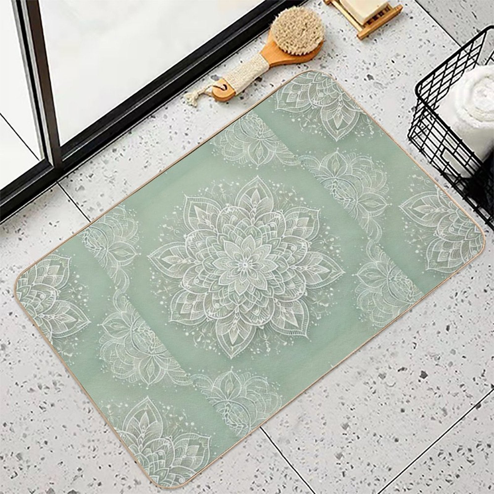 Mandala on Sage Green  Absorbent Bath Mat
