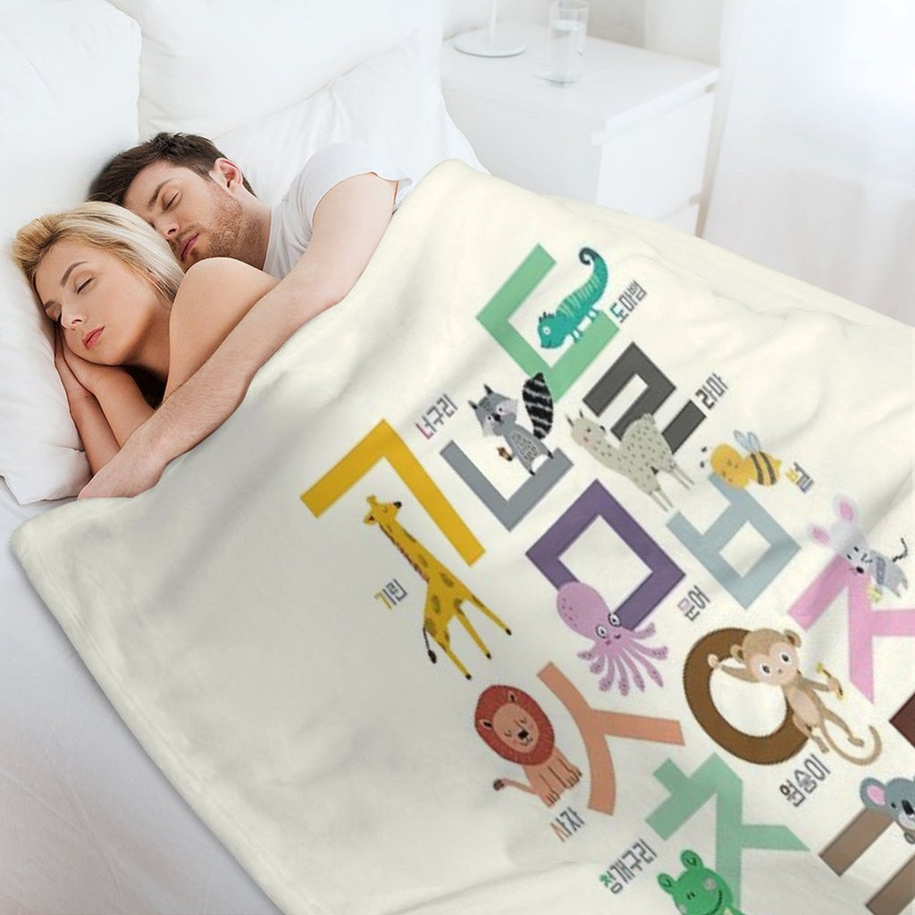 Korean Alphabet, Learning Hangul, Handdrawn Animal Illustrations Versatility Throw Blanket