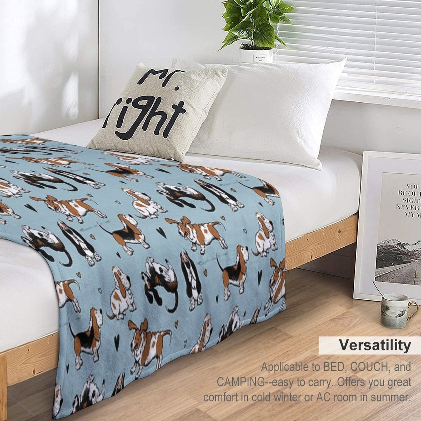 Basset Buddies on Blue Machine-washable Throw Blanket