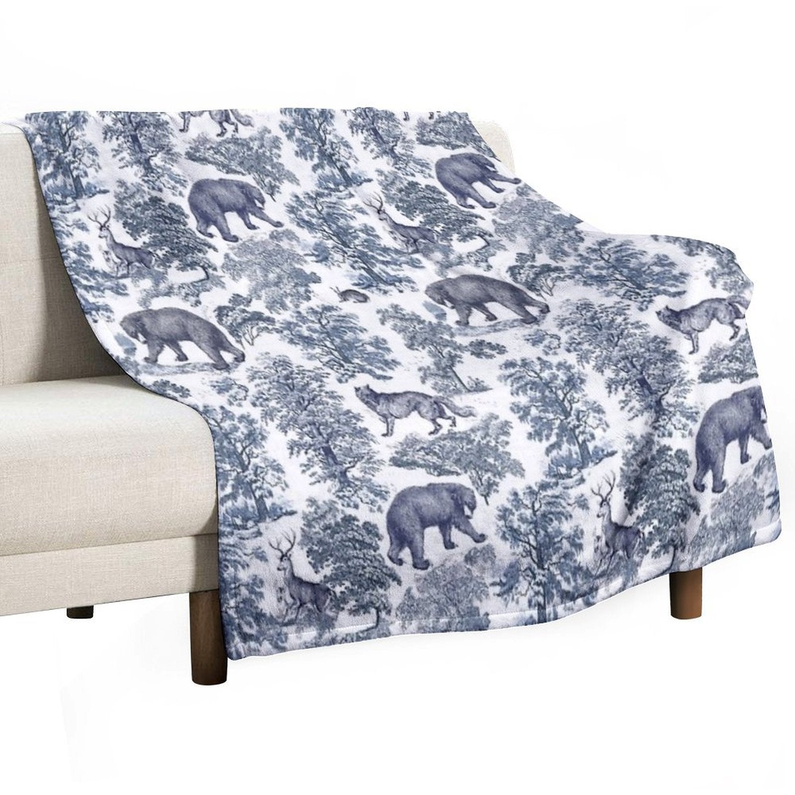 Elegant Vintage Blue Bear Forest Animals Toile Pattern Travel-friendly Throw Blanket
