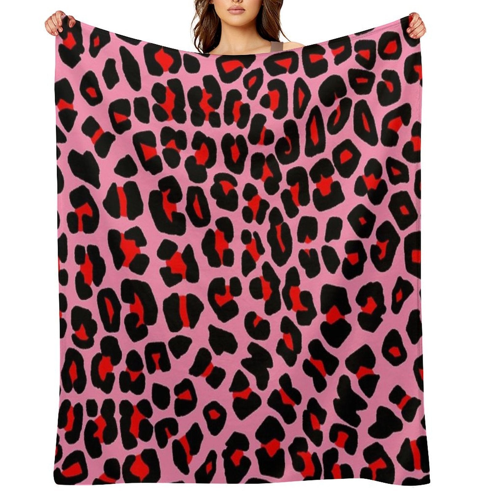 Red Leopard Print Spots on Pink Shrink-resistant Throw Blanket