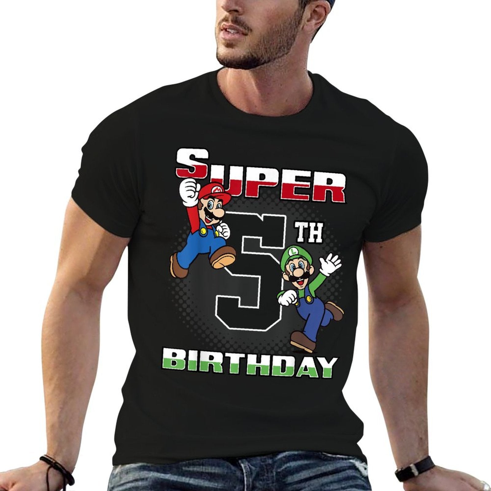Super Mario And Luigi Super Birthday 5th Birthday Portrait  High-quality Stitching T-Shirt