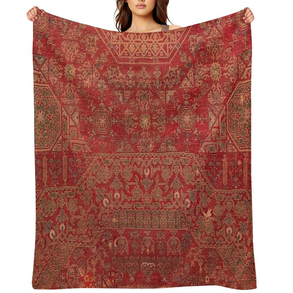 Bohemian Medallion II  15th Century Old Distressed Red Green Colorful Ornate Accent Rug Pattern Quick-dry Throw Blanket