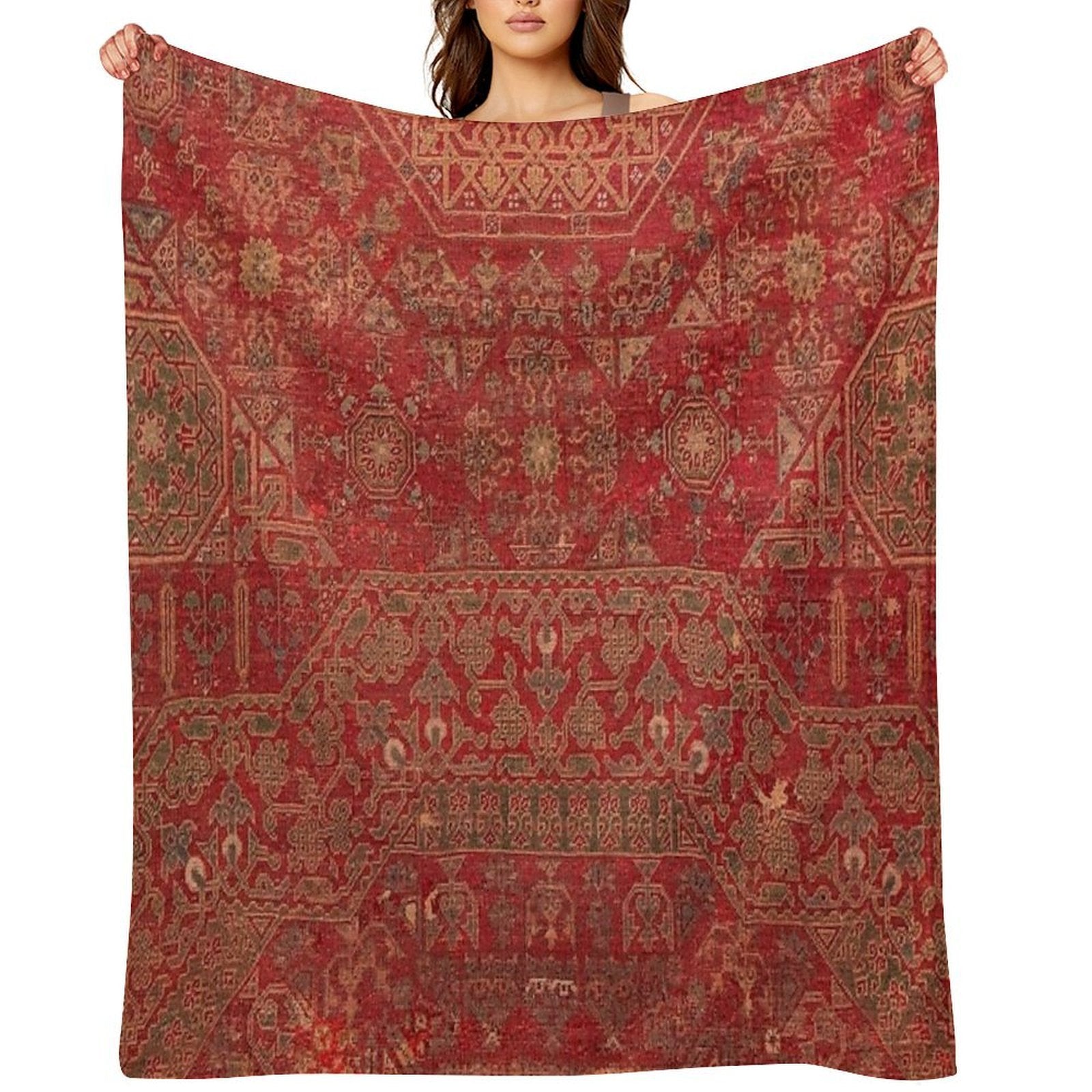 Bohemian Medallion II  15th Century Old Distressed Red Green Colorful Ornate Accent Rug Pattern Quick-dry Throw Blanket