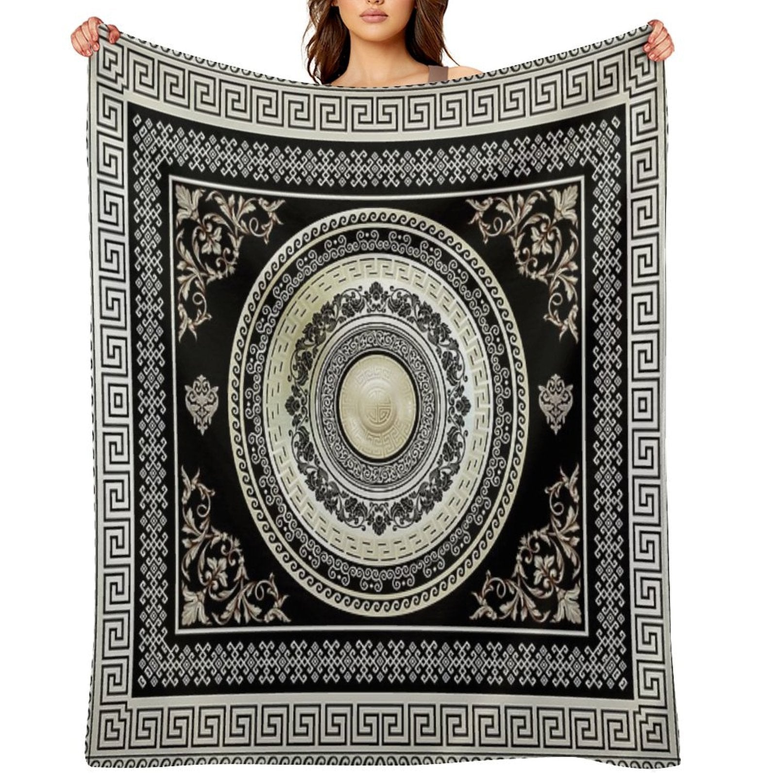 Greek Key Meander Cream Black Medallion Ornate Baroque Travel-friendly Throw Blanket