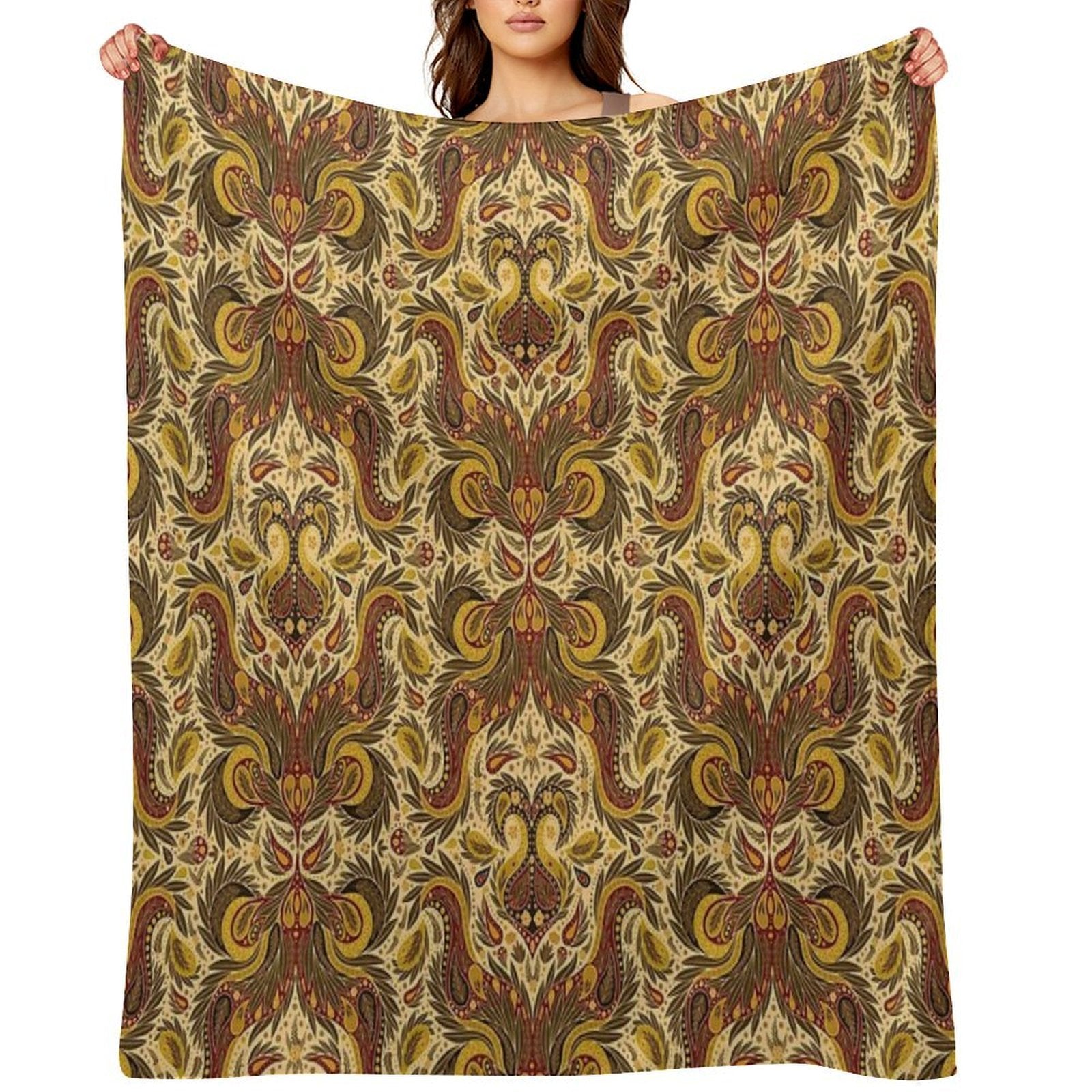 Olive Green, Gold & Burgundy Paisley Pattern All-season Throw Blanket