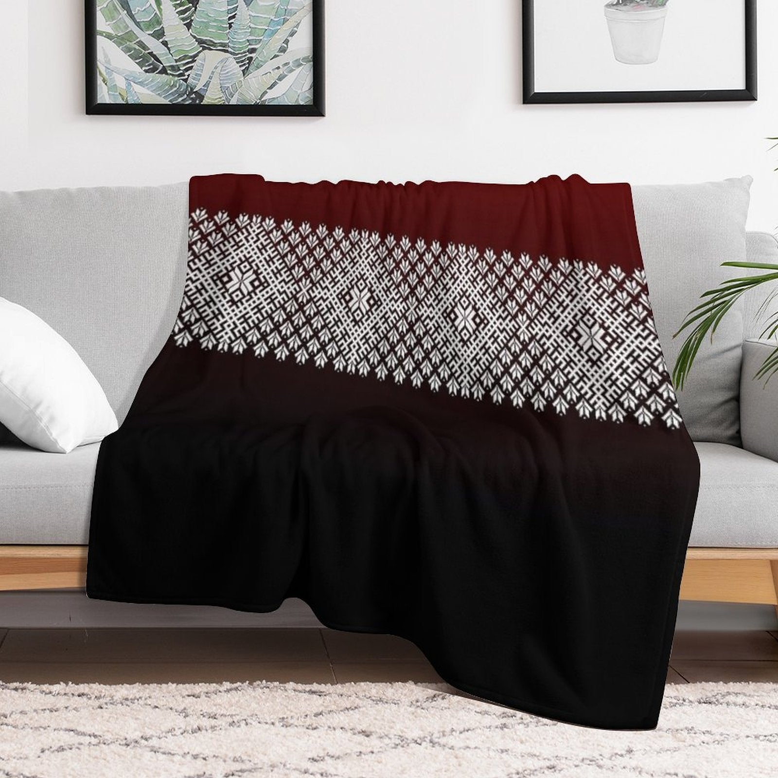 Red Black And White Latvian Lielvarde Belt Motif Multi-functional Throw Blanket
