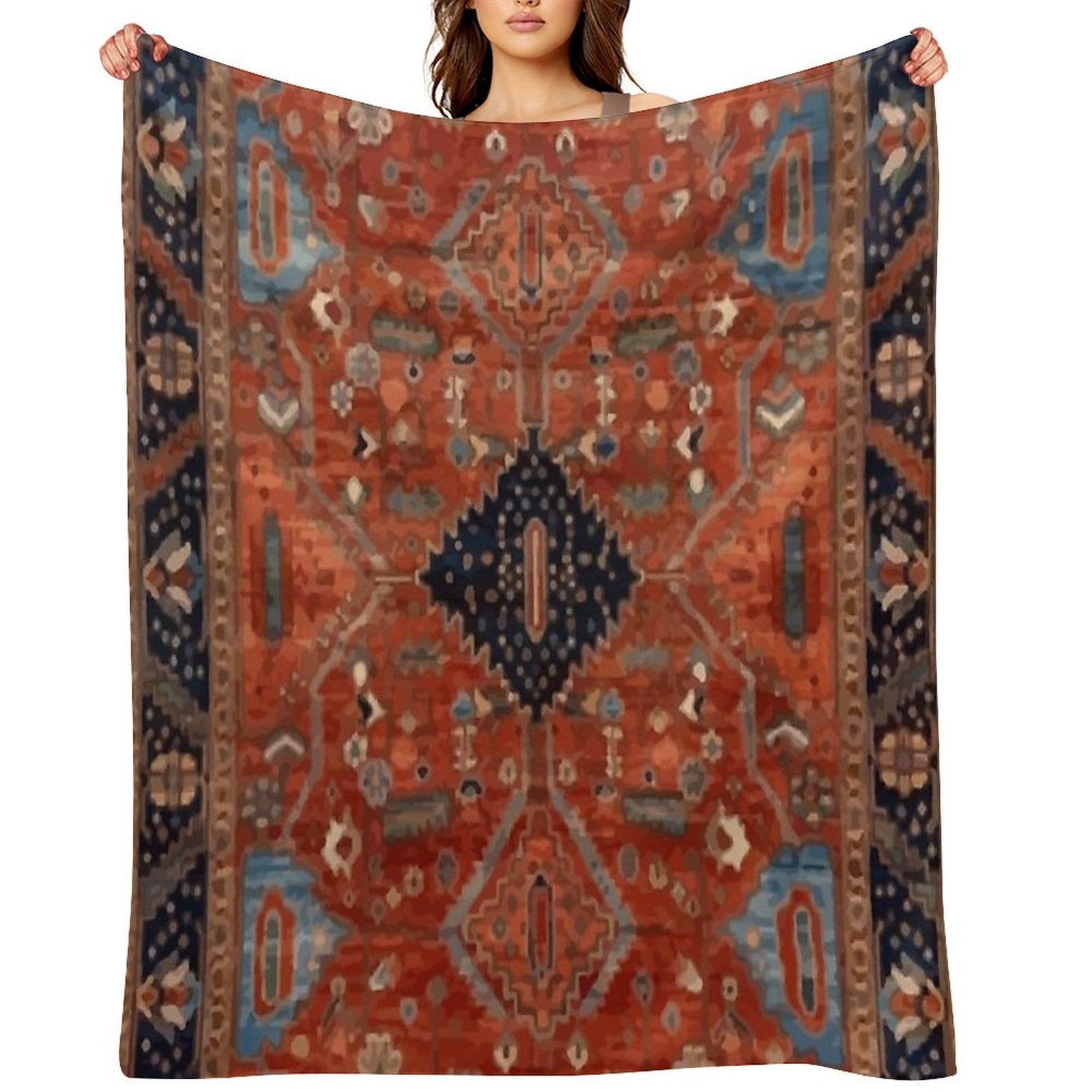 Antique Vintage Persian Rug Pattern in Red And Navy Lightweight Throw Blanket