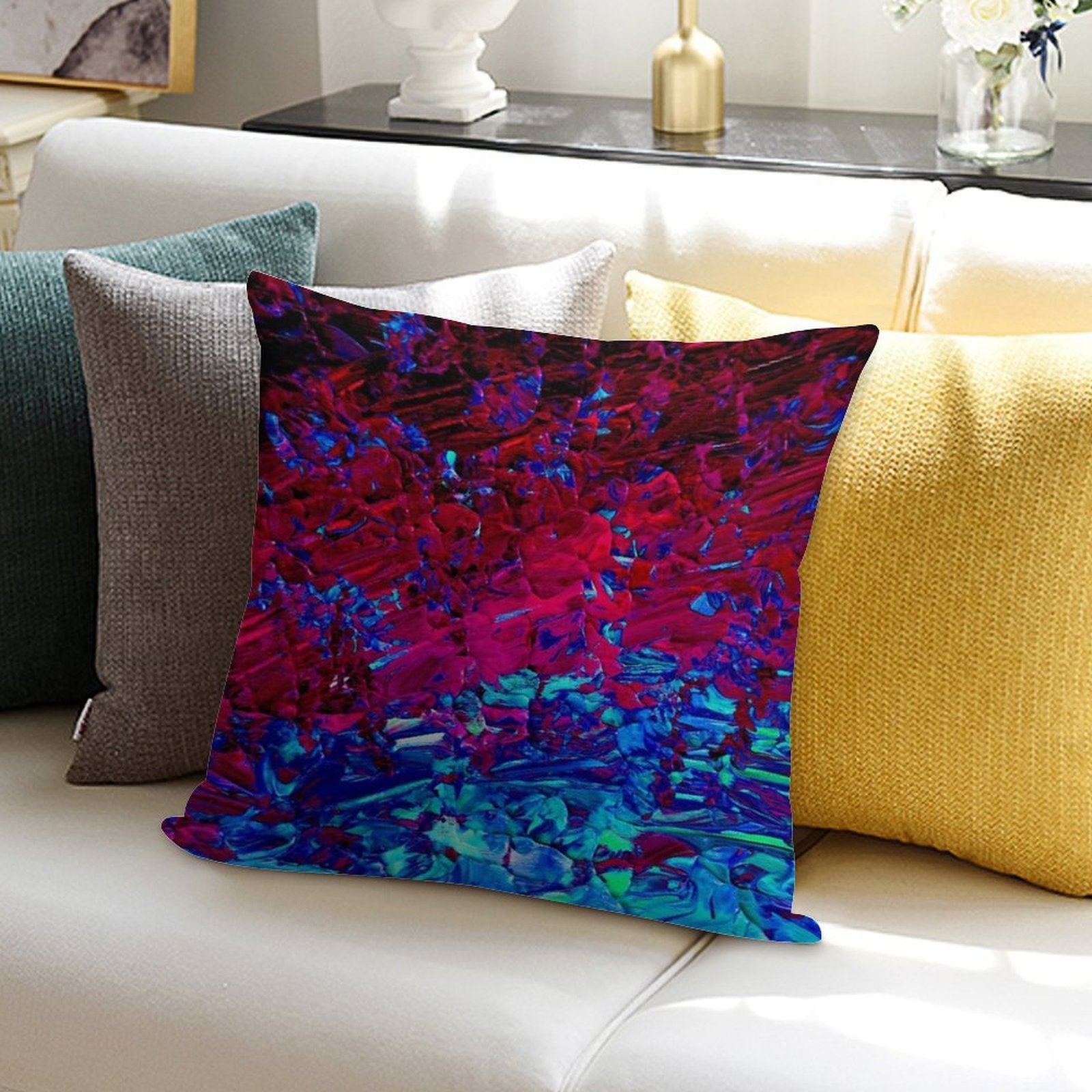 ETERNAL TIDE Bold Rich Colorful Deep Purple Fuchsia Magenta Turquoise Royal Blue Ombre Waves Abstract Acrylic Painting Soft Hidden Zipper Throw Pillow